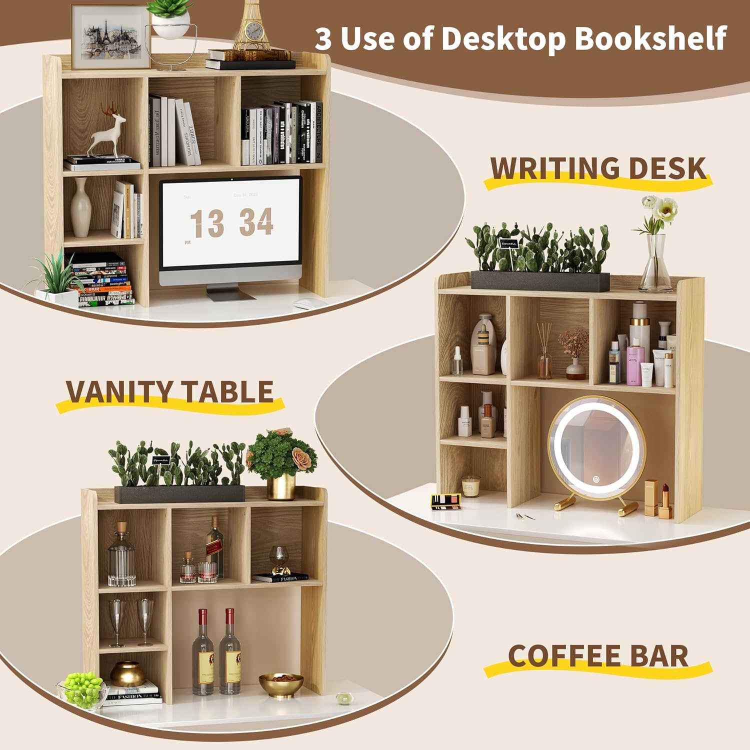 Desktop Bookshelf for Computer Desk, 5 Shelves Desk Hutch Shelf for College Dorm, 4-Tiers Countertop Storage Hutch, Wooden Desktop Hutch Organizer