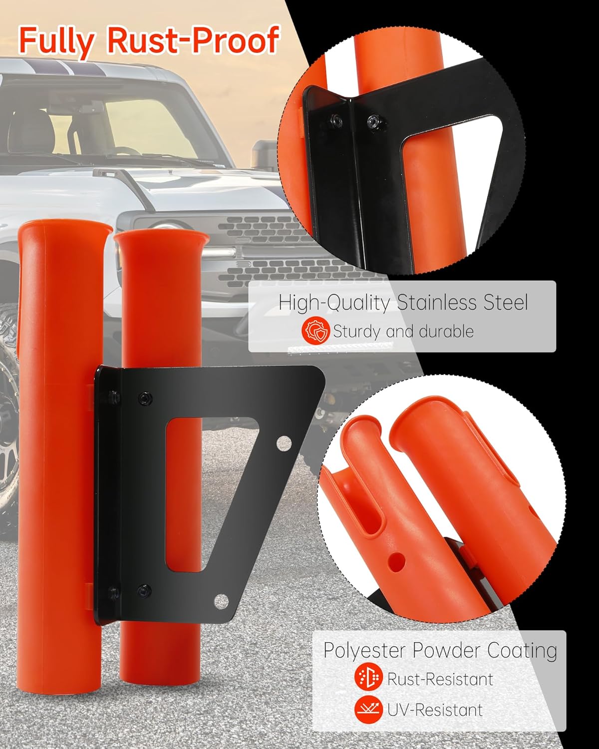 Fishing Rod Holder Kit, Fit for 2021+ Ford Bronco 2/4 Door, Off-Road Stainless Steel Dual Fishing Rod Kit