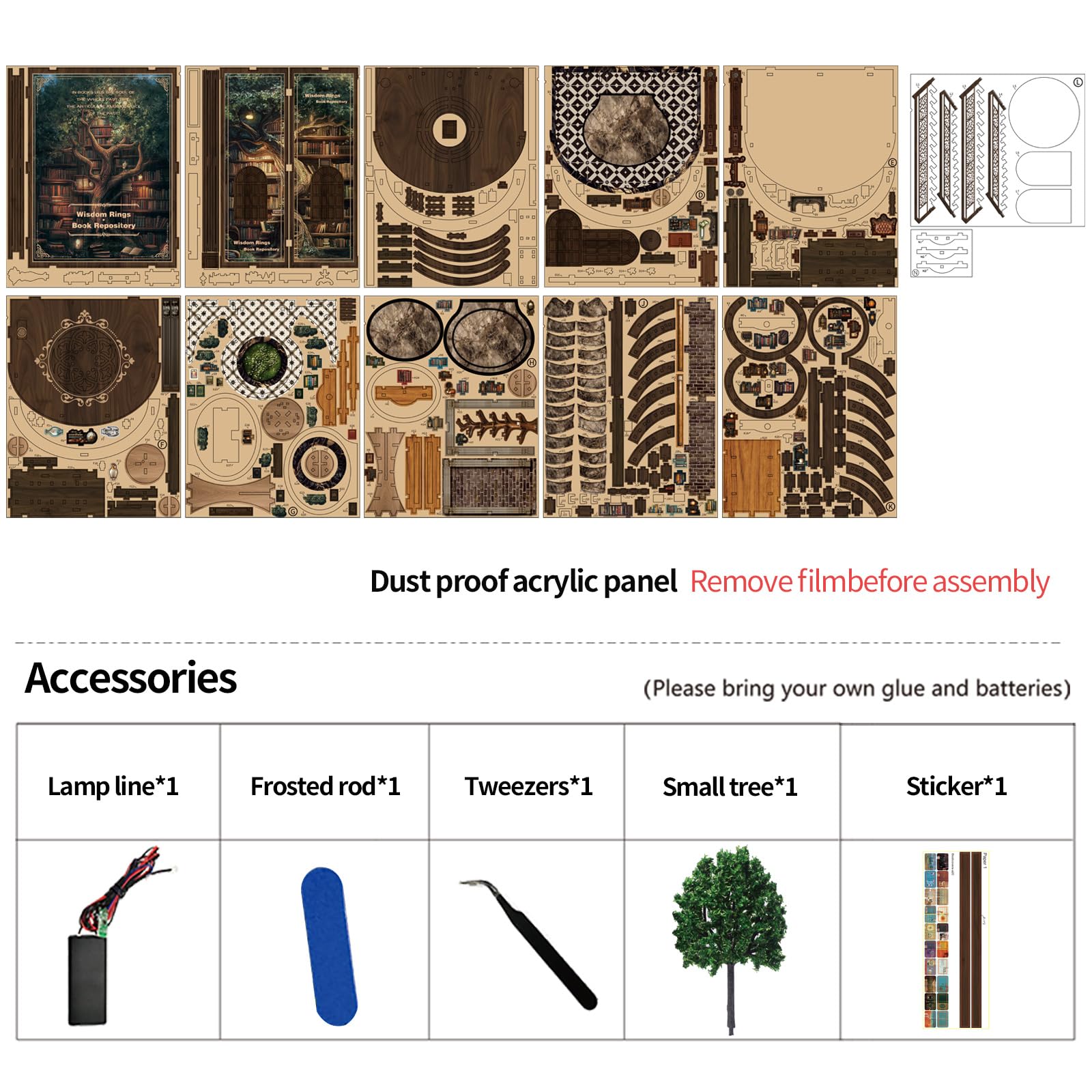 Book Nook Kit – Biblioteka Pierścieni Mądrości, Mini domki dla lalek, Miniaturowe drewniane puzzle 3D ze światłami LED, Zestaw DIY dla dorosłych i nastolatków, Prezent i akcesoria do domu