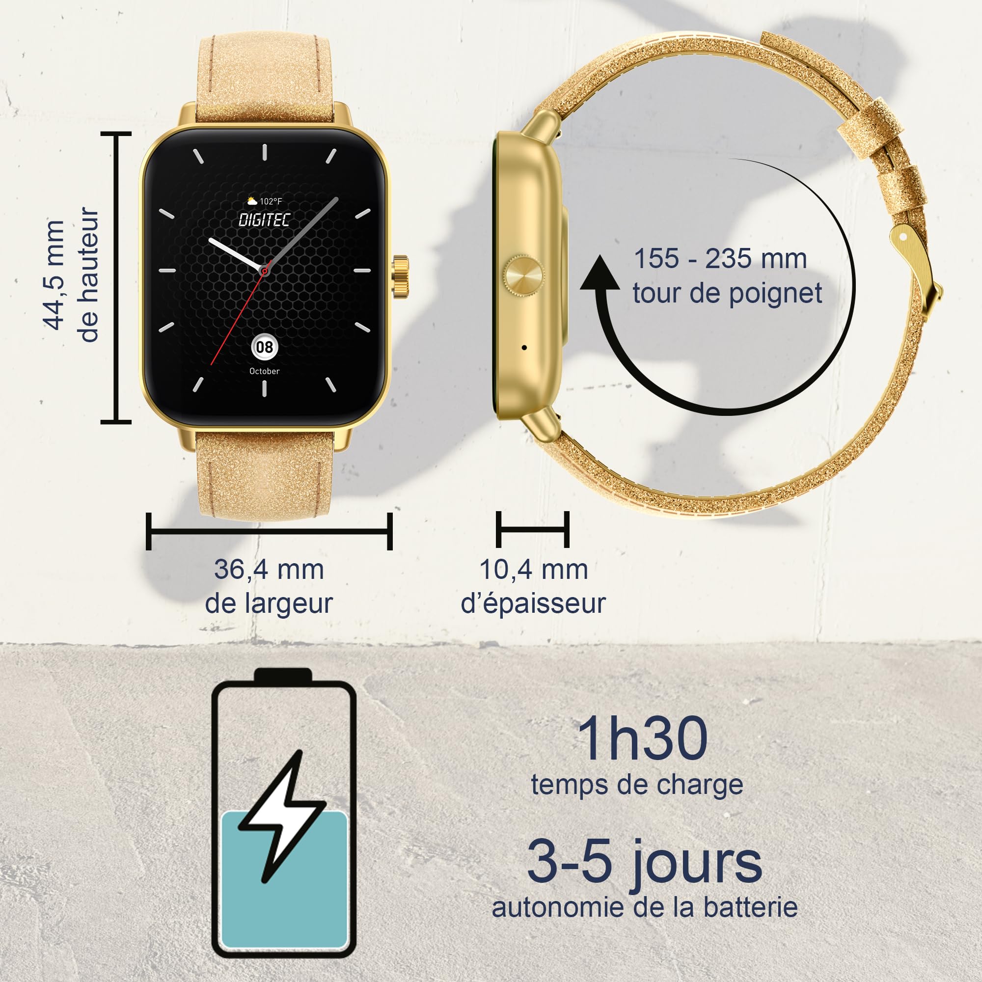 Digitec Montre connectée Square dorée, avec Bracelet Cuir doré pailleté, Femme, Suivi activité et Sommeil