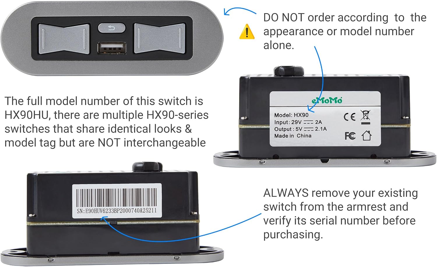eMoMo HX90HU 5 Button 5 Pin Side Switch for Power Recliner Fixed Remote Controller with USB Port for Lift Chair