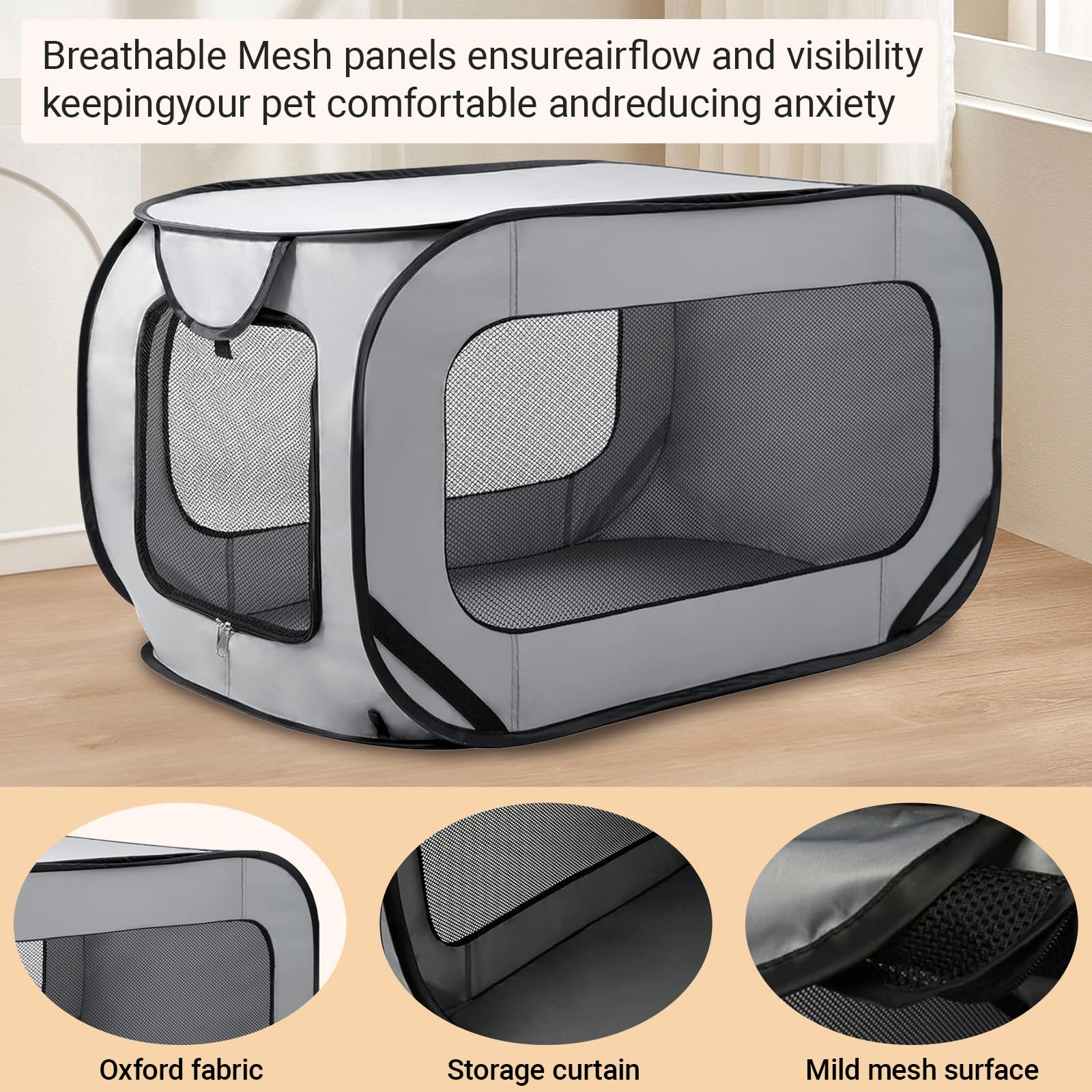 Caisse de Transport pour Chien Parc Pliable Cage Portative Clôture pour Animaux de Compagnie en Tissu Oxford Imperméable Plaqué Respirant pour Animaux Chien Chat Rongeur (Gris)