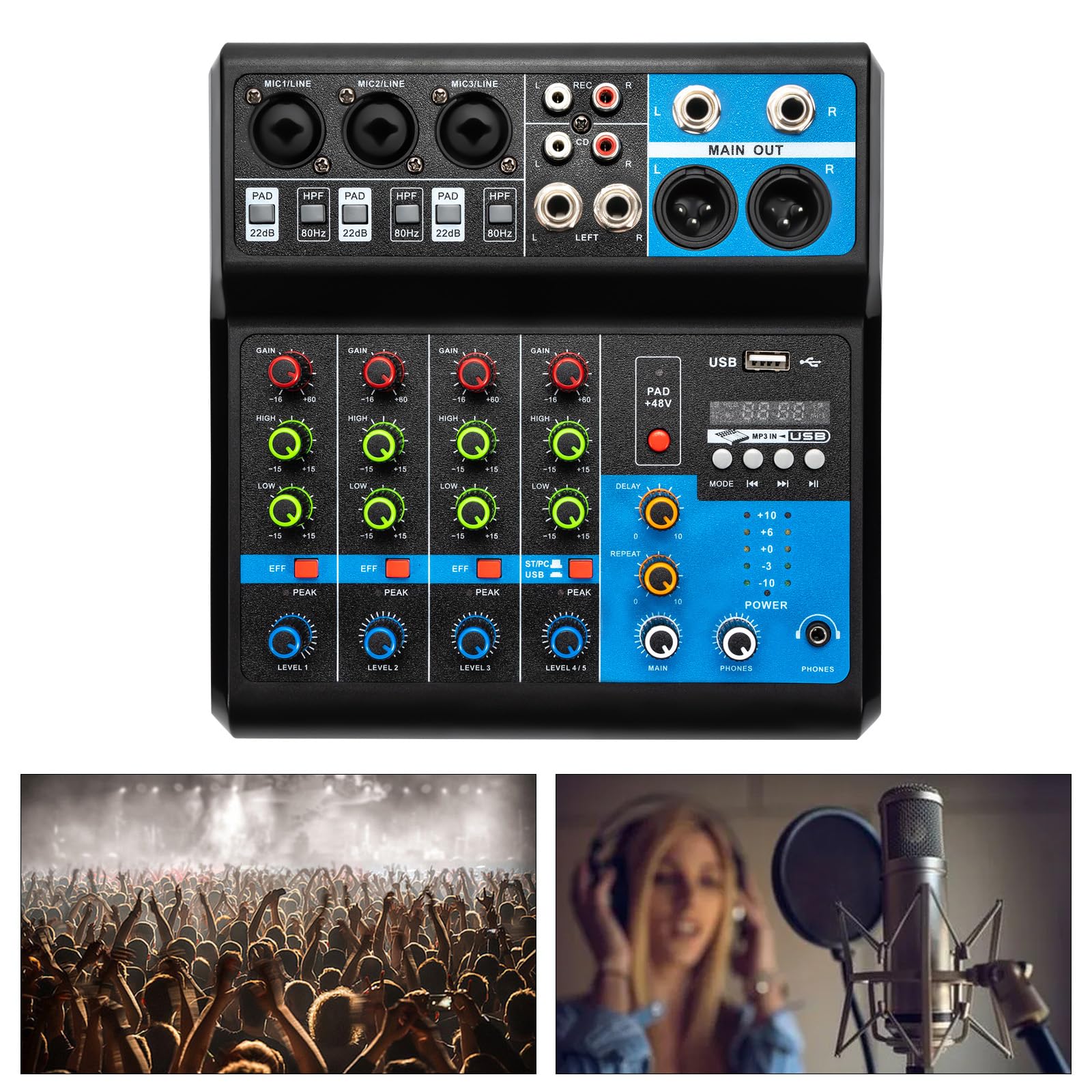 Mixer audio compatto a 5 canali con alimentazione phantom da 48 V, Bluetooth 5.0, interfaccia audio USB e lettore MP3 per Live DJ, Home Studio Recording, mixer professionale per principianti e scatti
