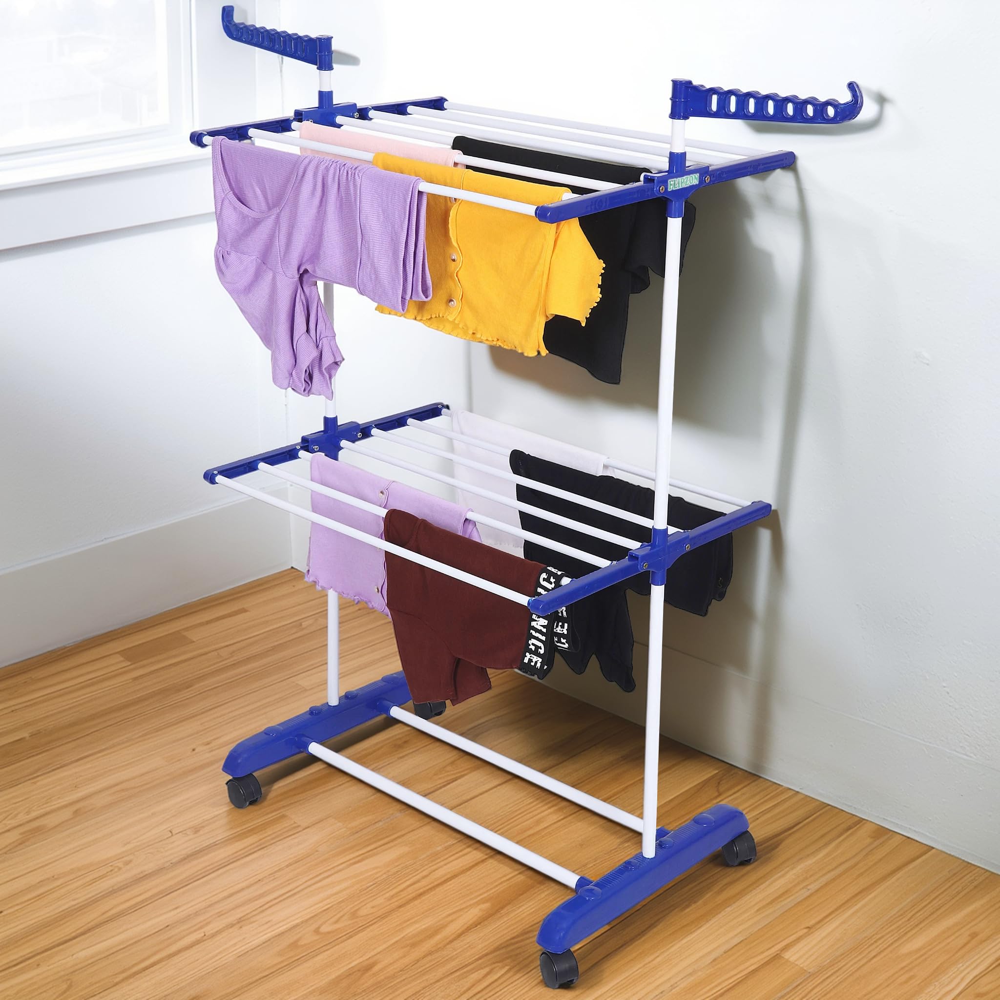 FLIPZON Premium Clothes Stand for Drying with Wheels | Portable | 2 Layer Rack for Balcony | Foldable Wings | 14 Hanger Rods | Alloy Steel & Plastic (White & Blue)