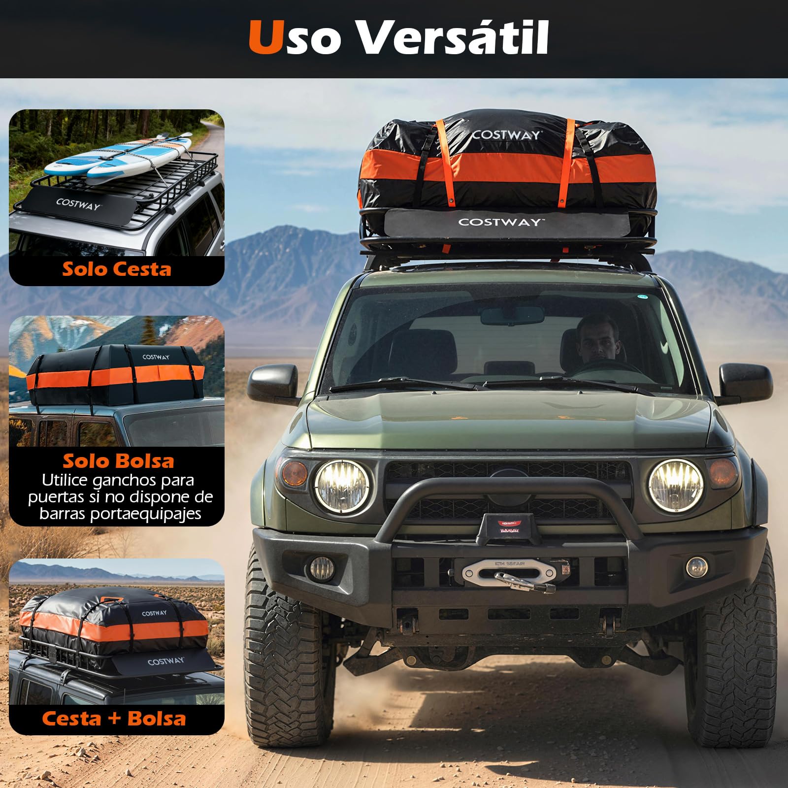 COSTWAY Cofre Techo Coche 425L, Cofre de Techo para Vehículo con Bolsa Impermeable de de Almacenaje, Carga 90 kg, Portaequipajes Universal con Correas de Trinquete para SUV, Camión, Berlina