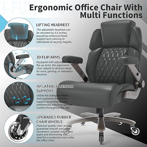 Miniatura 3 de Silla de oficina grande y alta de 700 libras, reposacabezas ajustable y soporte lumbar, brazos abatibles 3D, ruedas grandes y base de metal