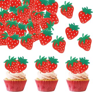 60 PCS Edible Strawberry Cupcake Toppers Wafer Paper Sweet Berry Cupcake Picks Edible Strawberry Cupcake Decorations for Baby Shower Wedding Birthday Party Cake Food Decorations Supplies