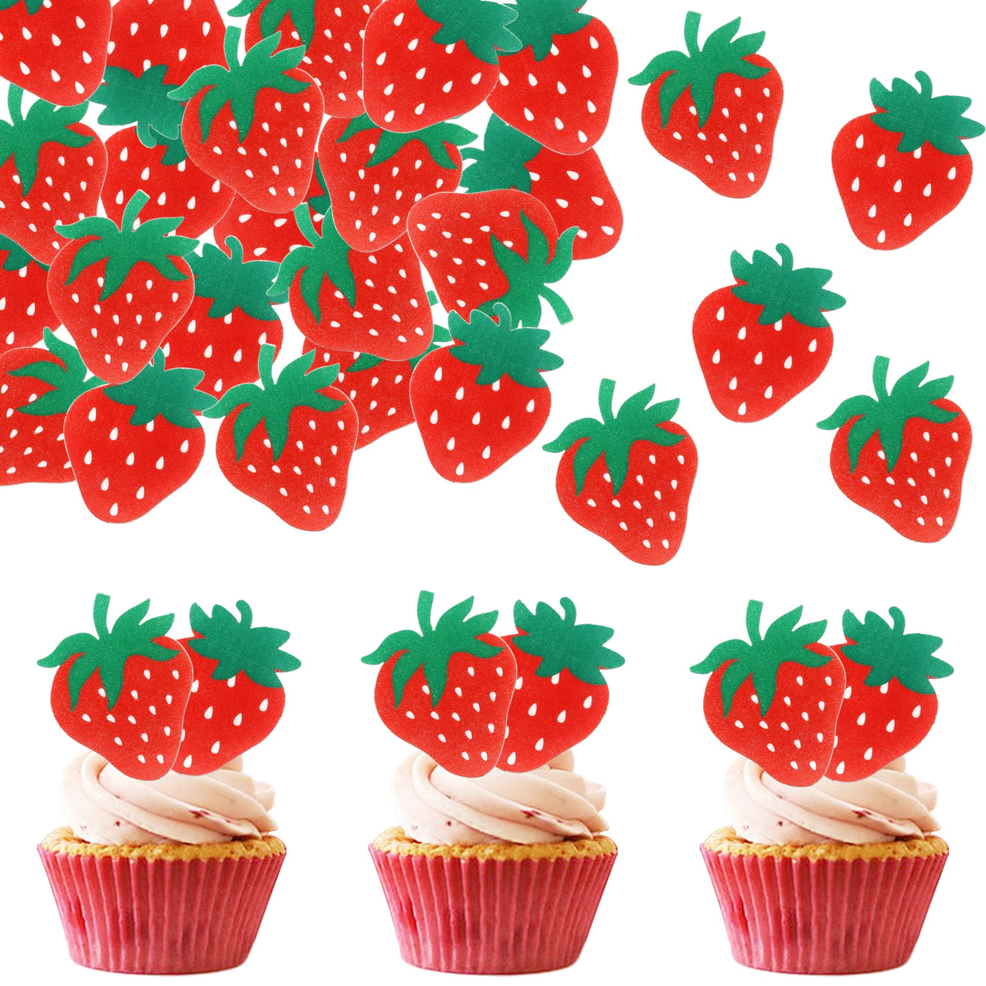 60 PCS Edible Strawberry Cupcake Toppers Wafer Paper Sweet Berry Cupcake Picks Edible Strawberry Cupcake Decorations for Baby Shower Wedding Birthday