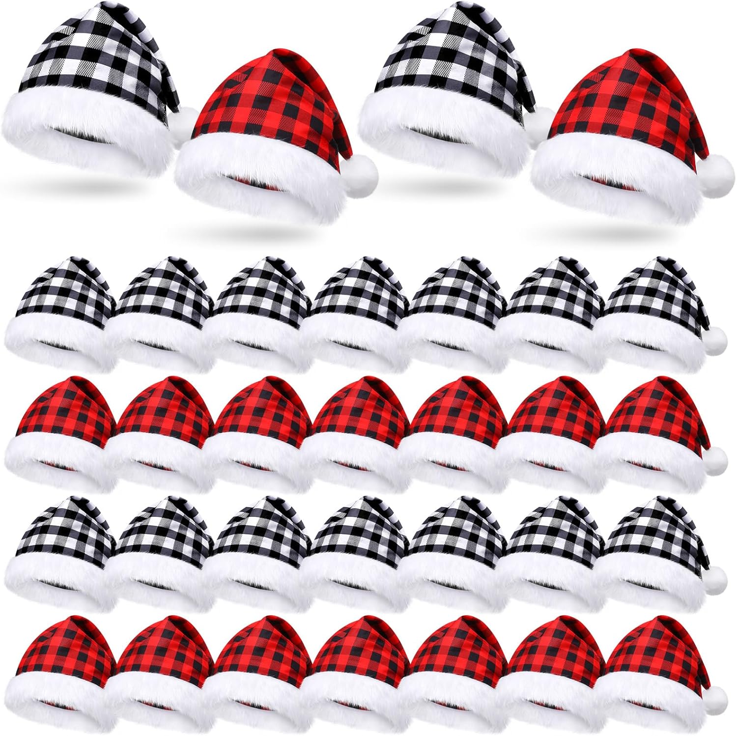 Jexine 48 Pcs Santa Hats Bulk Christmas Buffalo Plaid Hat Plush Christmas Costume Hats for Xmas Holiday Parties Events Gift(Red Black and White Black Plaid)