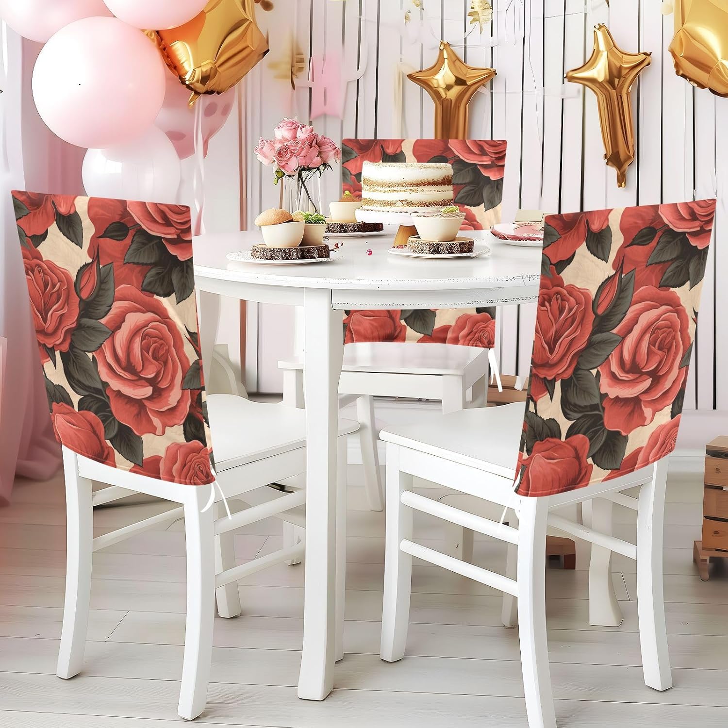 ALAZA Rose on Beige Background Chair Back Cover Set of 6, Washable Reusable Removable Chair Slipcovers Decorative Chair Cover for Home Kitchen Wedding Party