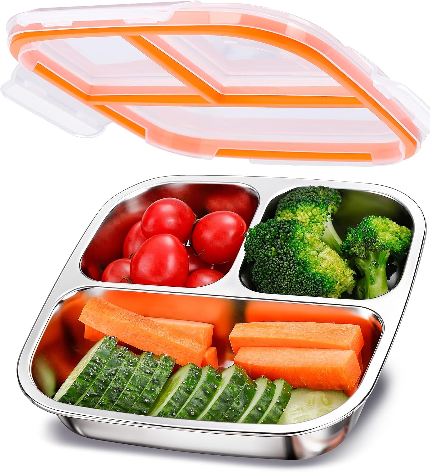 KTKUDY 3 Pack Stainless Steel Snack Containers - Kids Lunch Containers with 3 Compartment - Divided Meal Prep Bento Box for Kids Daycare, School, Work, Travel