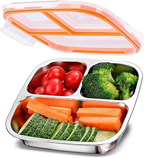 KTKUDY Stainless Steel Snack Container - Kids Lunch Container with 3 Compartment - Divided Meal Prep Bento Box for Kids Daycare, School, Work, Travel