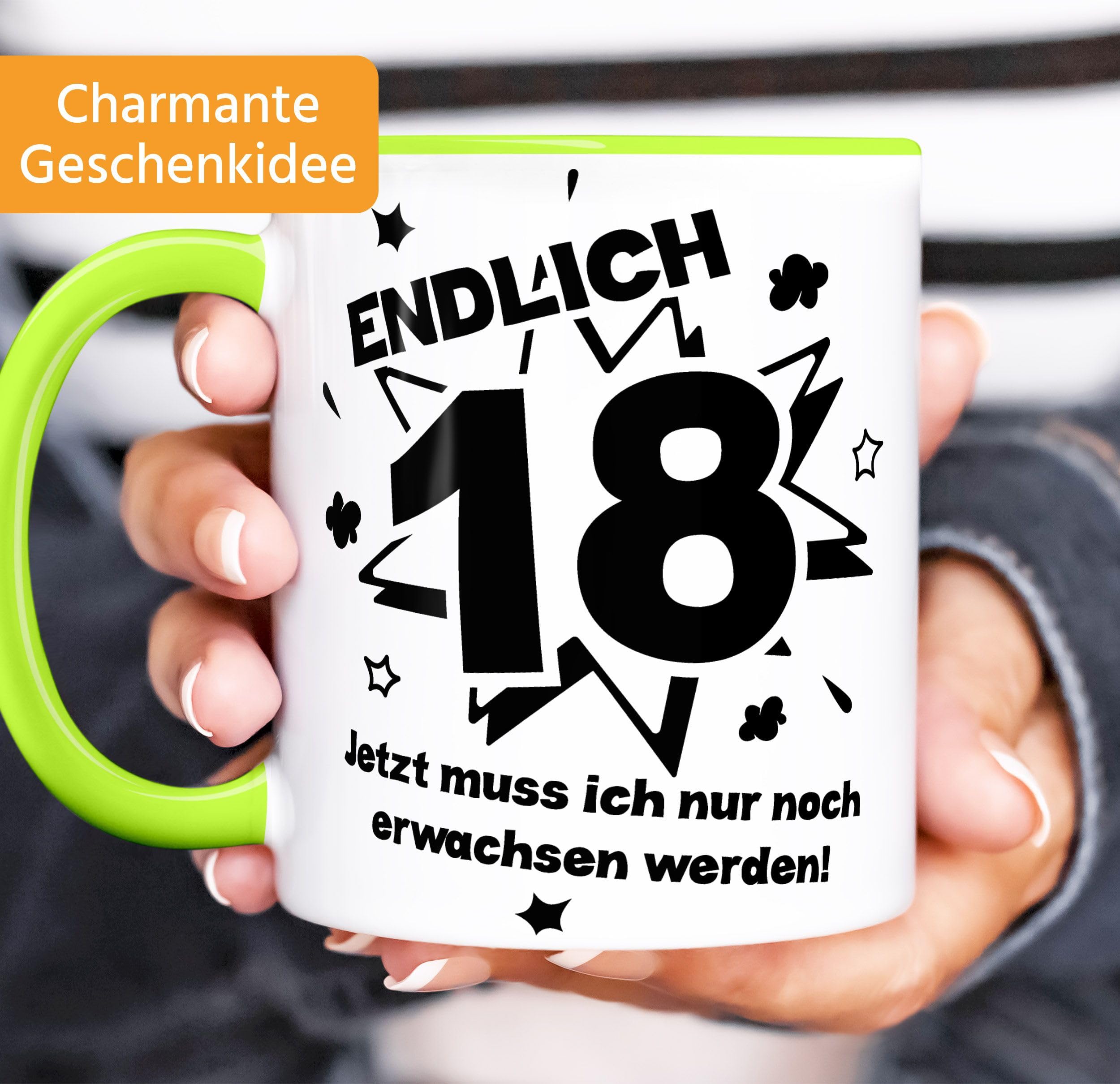 Lustige Spruch-Tasse „Endlich 18“ – Keramikbecher Mit Grünem Henkel, 375 Ml, Spülmaschinenfest