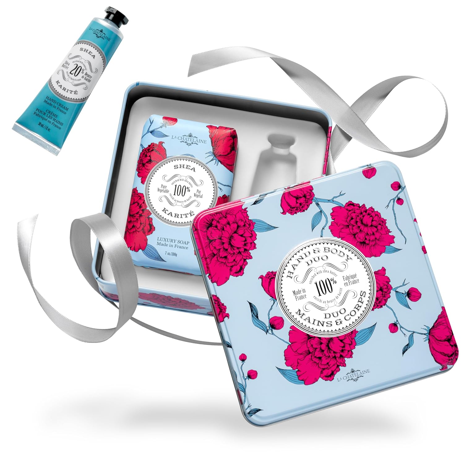 La Chatelaine Shea Rose Triple Milled Bar Soap and 20% Shea Butter Hand Cream Gift Set, Gift for Mom, Decorative Tin, Plant-Based, Natural & Organic, Made in France (7 oz. soap bar, 1 oz. hand lotion)