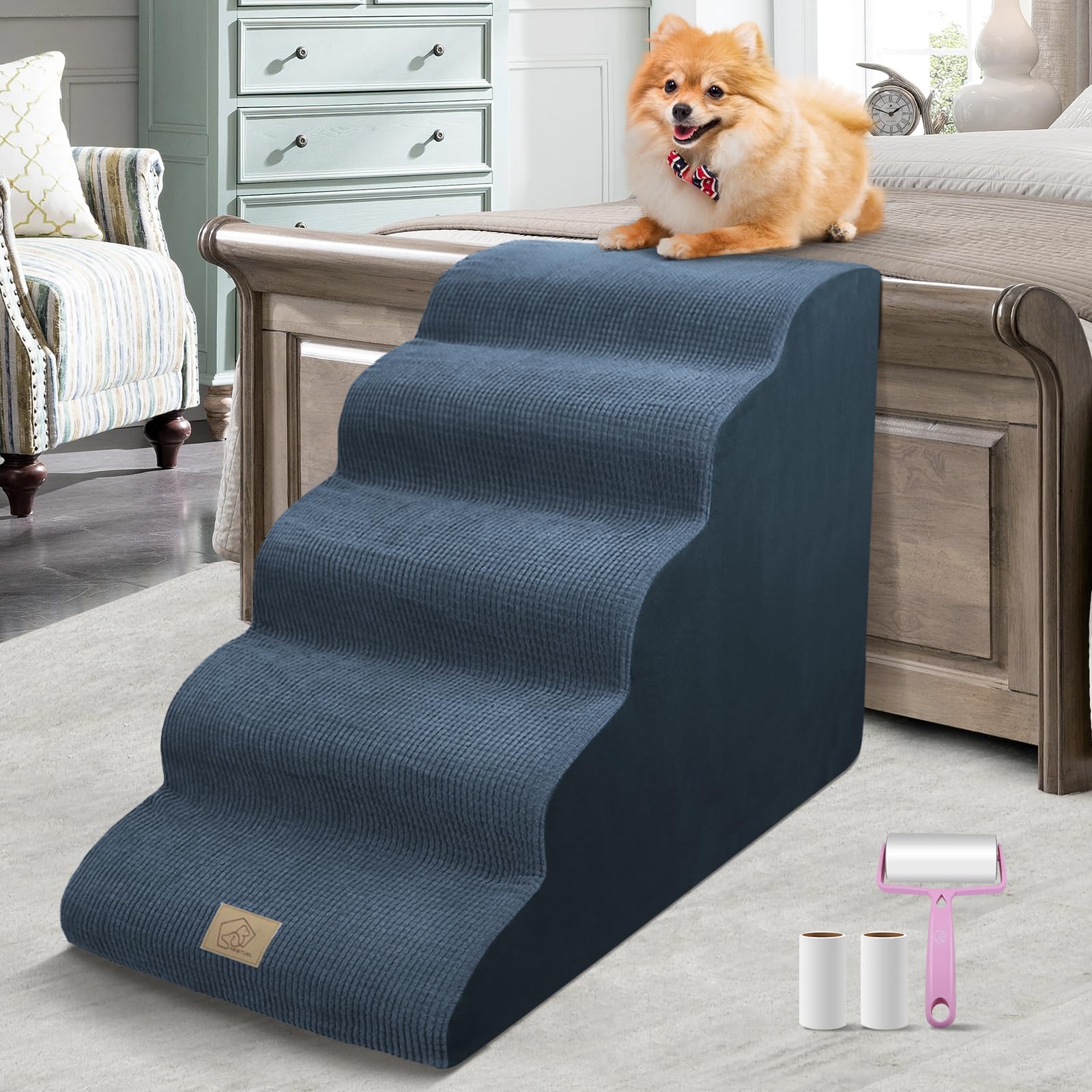 5-Tiers High Density Foam Dogs Ramp Stairs,23'' Height Pet Stairs for Joint Injury,Old,Short Leg Pets to Reach Couch Bed,Indoor Non-Slip Bottom Pet Ramp-Machine Washable,Gift 1 Lint Roller Set