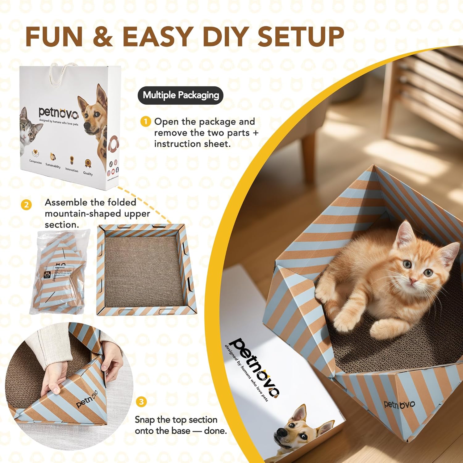 PETNOVO Foldable Cat Bed & House for Travel – Origami Cardboard Cat House with Built-in Honeycomb Scratcher Pad, No-Tools Assembly, FSC-Certified Recyclable, Grey, 18.5" L x 18.5" W x 11.8" H