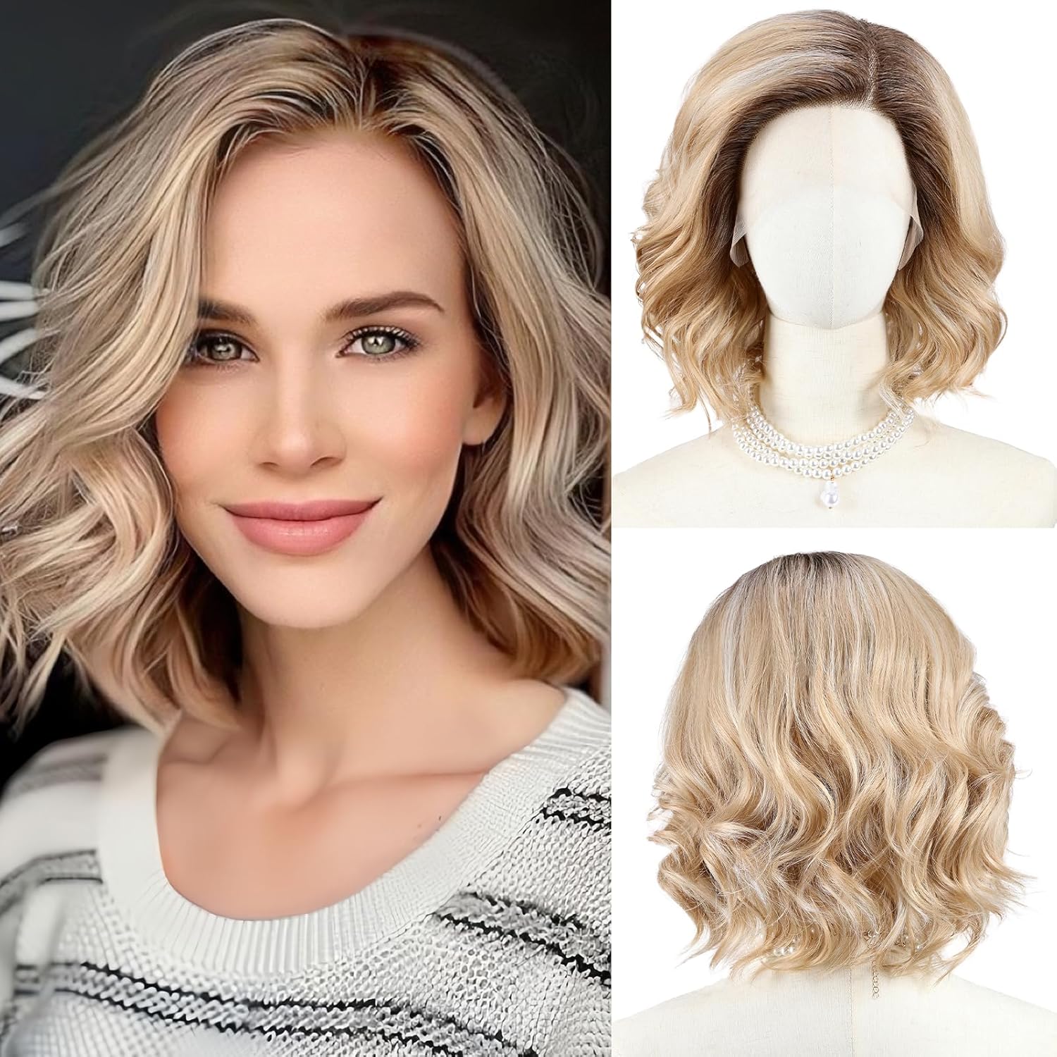 starluck Side Part Wavy Wig Blonde with Brown Root Layered Lace Front Bob Wig 14 Inch Shoulder Length Heat Resistant Synthetic Wig for White Women starluck Side Part Wavy Wig Blonde with Brown Root Layered Lace Front Bob Wig 14 Inch Shoulder Length Heat Resistant Synthetic Wig for White Women