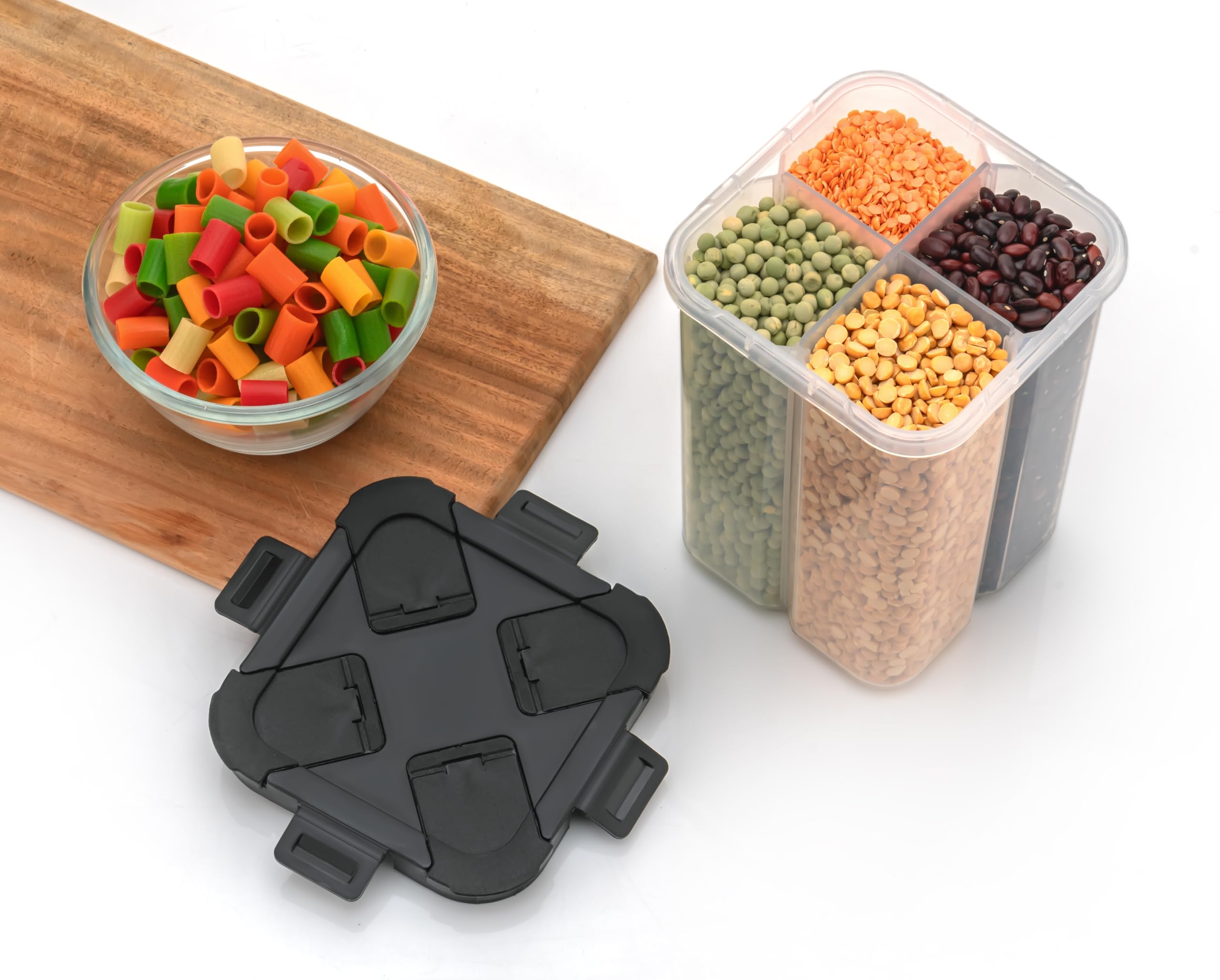 HAPPI Multipurpose Plastic 4 In 1 Masala Box for Kitchen, Spice Boxes for Kitchen, Transparent 4 Section Storage Containers Airtight Lock Grocery,Cereal,Dry Fruits Dabba 2500 Ml (Black)
