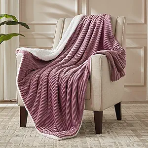 Electric Heated Blanket Throw Size, Soft and Cozy Thickened Stripe Flannel and Sherpa Electric Blanket for Bed, Automatic Safety System 6 Heating Levels & 10 Hours Auto-Off, 50"x60" Purple