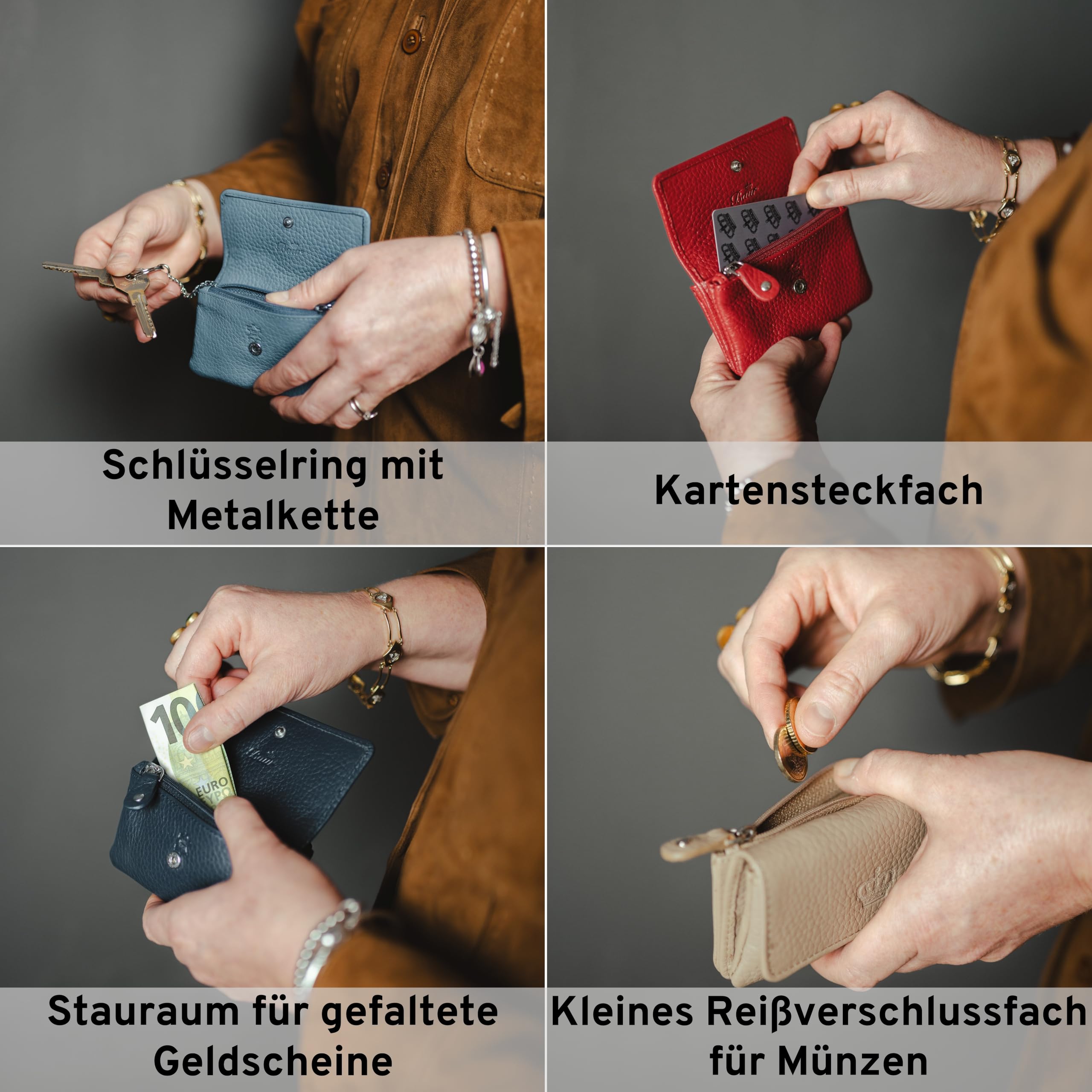 Baur Étui à clés Femme en Cuir véritable – Porte-clés avec Anneau métallique et Fermeture à Pression – Petit Porte-Monnaie zippé pour Billets, pièces et Cartes (Rouge)