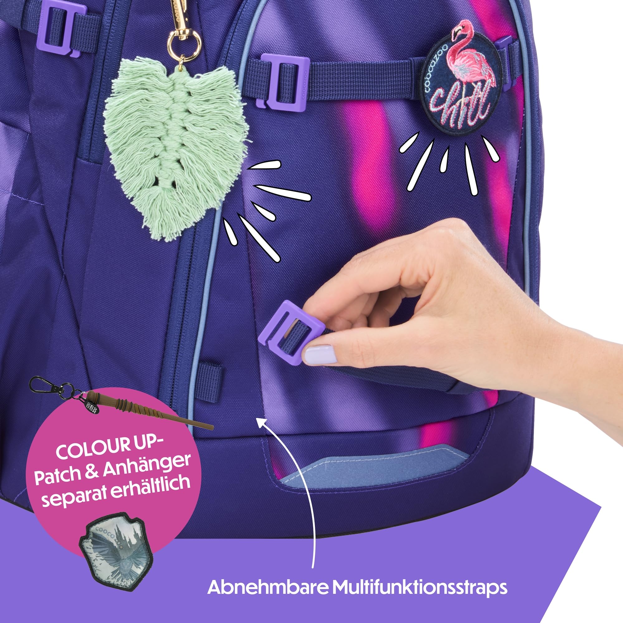 Coocazoo Mate - Zaino per la scuola, ergonomico, regolabile in altezza e dimensione, con cintura toracica e cintura in vita, Aurora Glow - Viola, Aurora Glow
