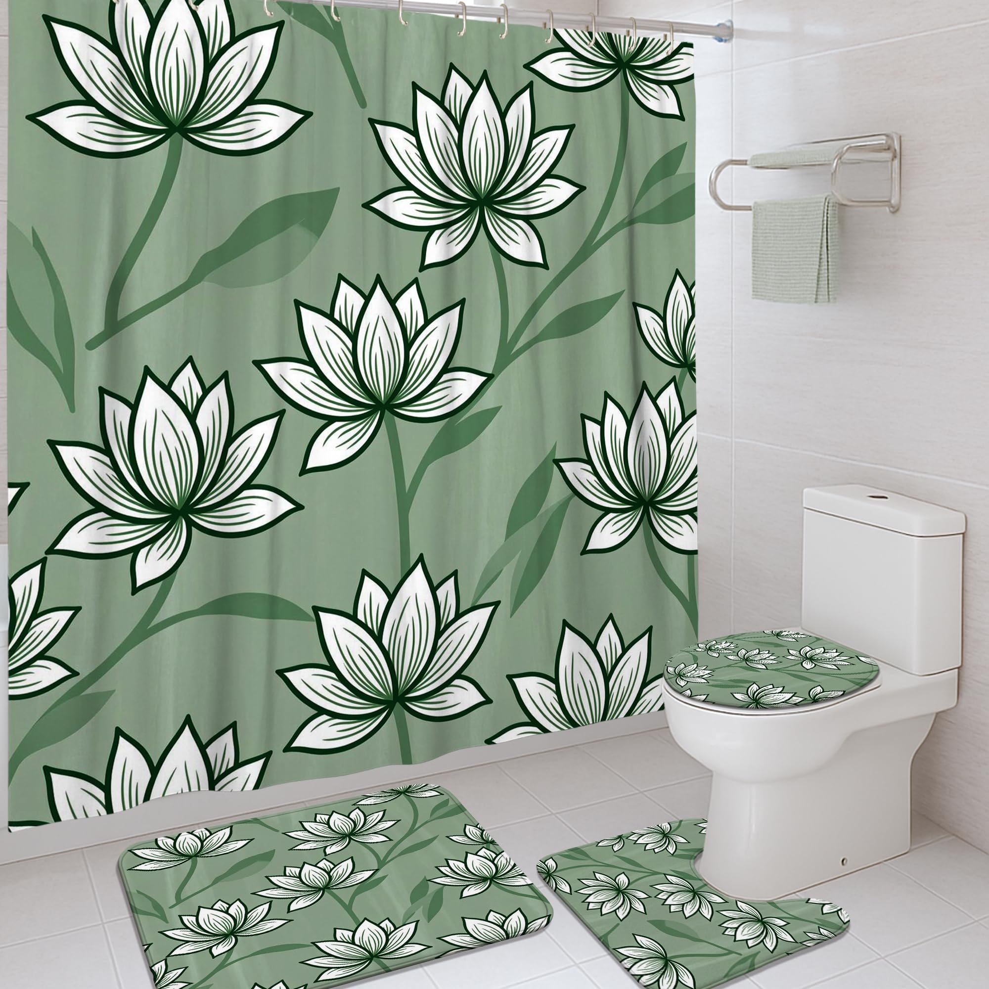 Ensemble rideau de douche nénuphar textile premium 183 cm et tapis doux