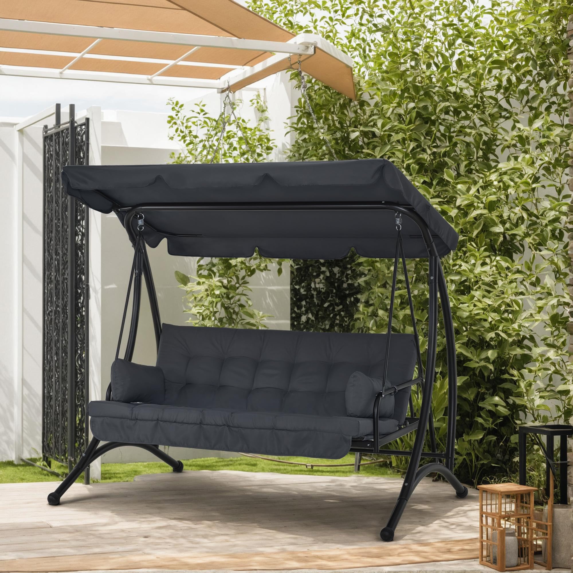 M MCombo balancelle Hollywood 3 Places avec Fonction de lit, avec Coussin d'assise Extra épais et Toit Solaire, balançoire de Jardin pouvant Supporter jusqu'à 300 kg, 202x125x173 cm 4095 (Gris)