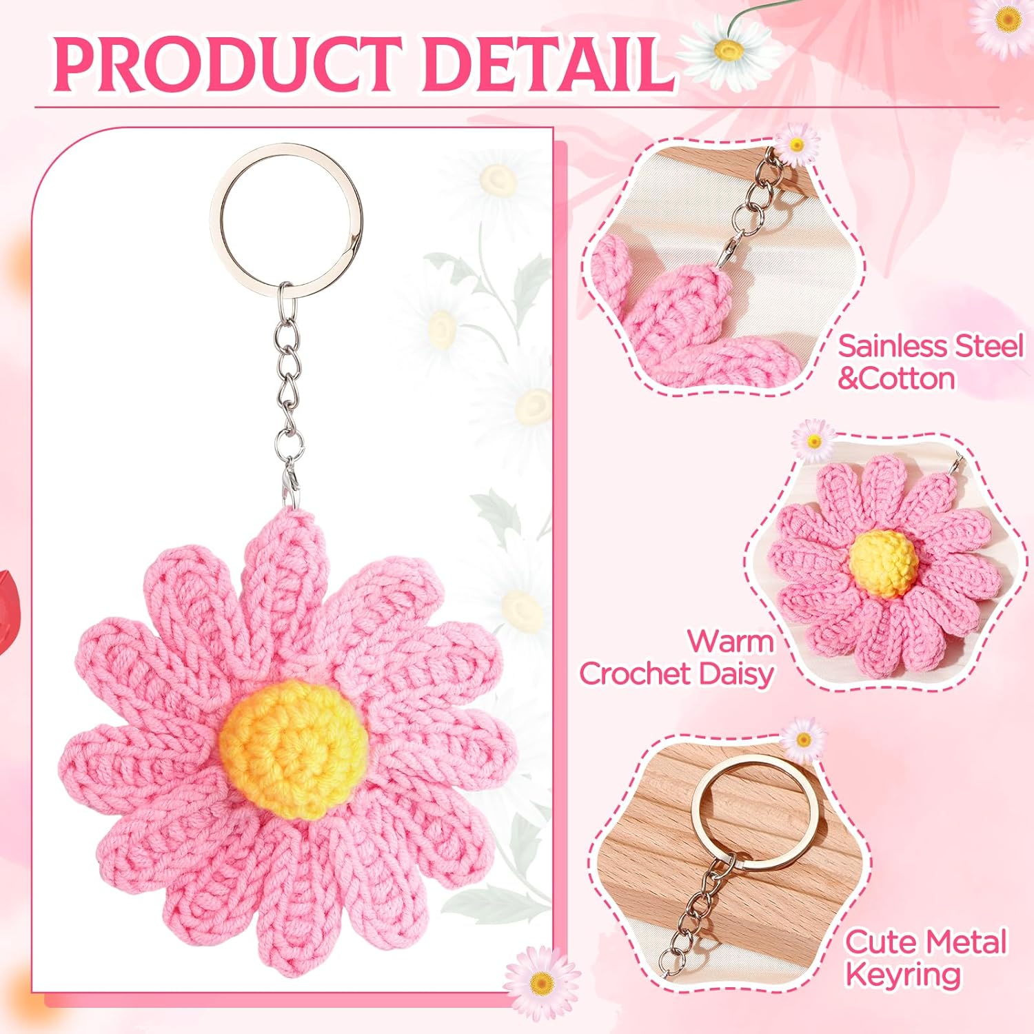 Daisy Keychain,Cute Daisy Crochet Flower Bag Charms for Women Handmade Floral Keyring Decor Gifts Purse Wallet - Image 3