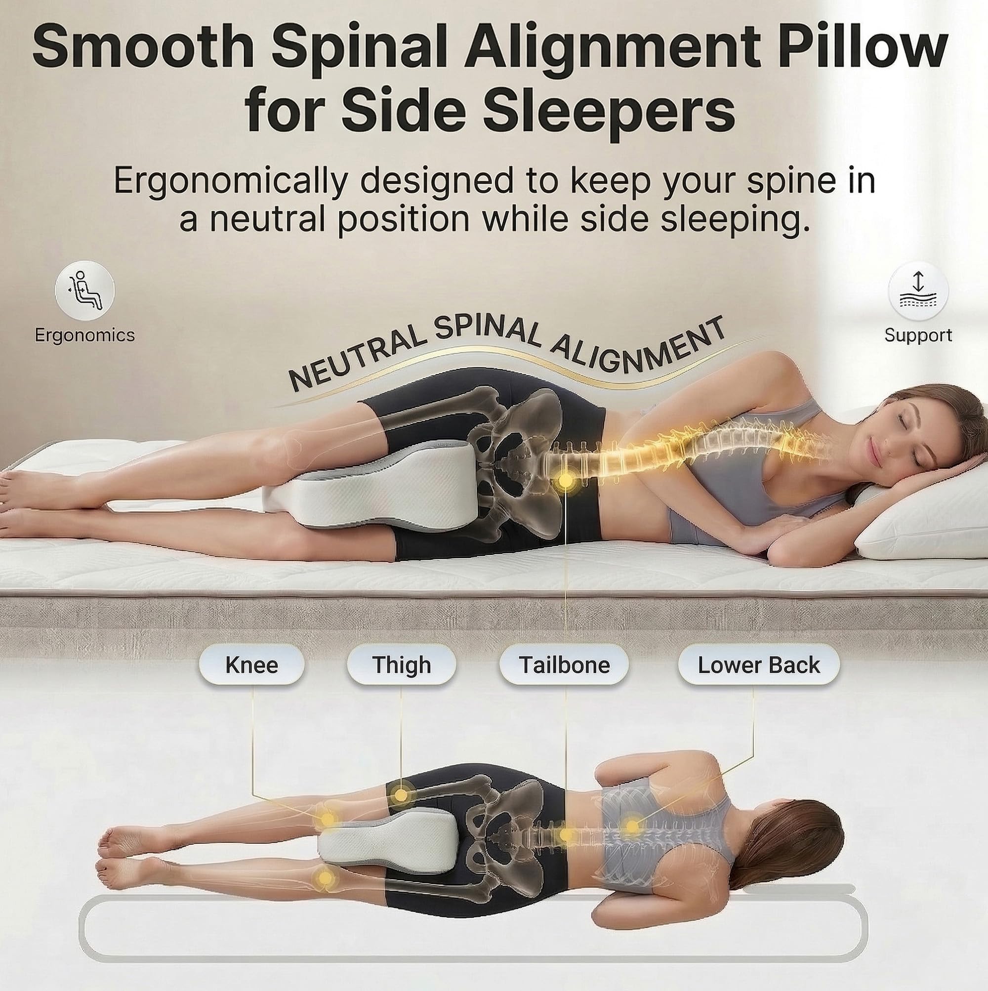 Kniekissen für Seitenschläfer - Ergonomisches Beinkissen 36 cm/15 inch, unterstützt Oberschenkel und Knie, verbessert die Schlafhaltung, mit abnehmbarem und waschbarem Bezug