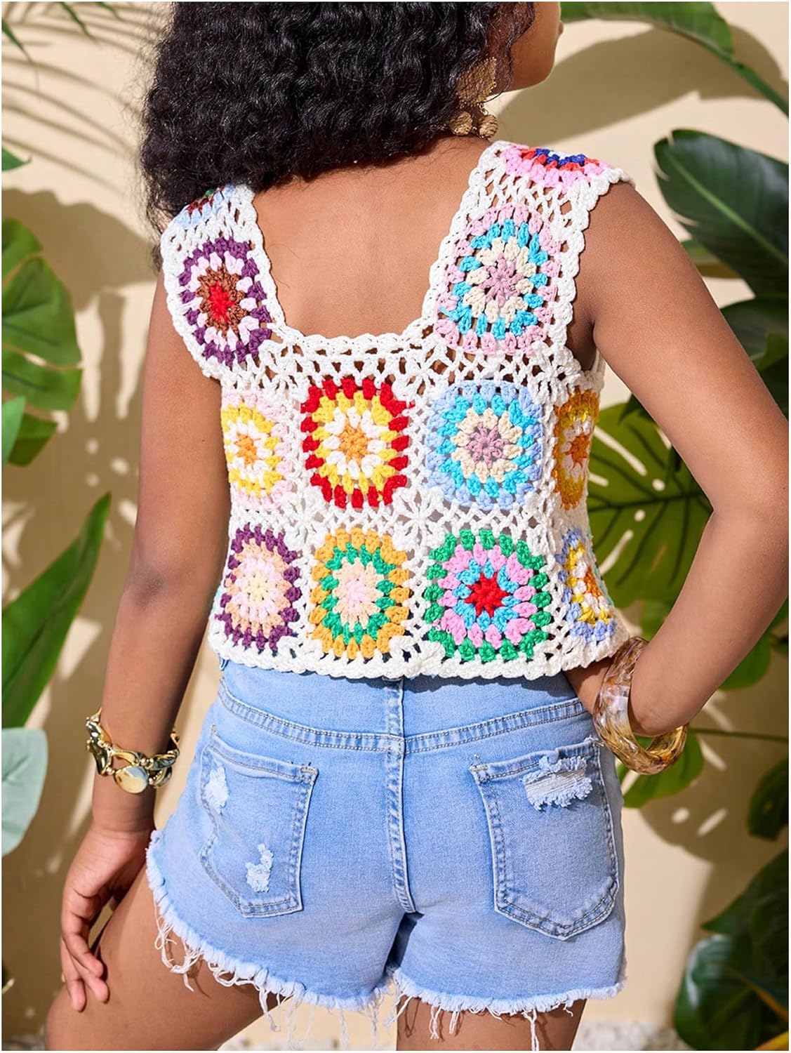Floerns Girl's Floral Boho Crochet Tank Top Tie Front V Neck Sleeveless Crop Tops - Image 3