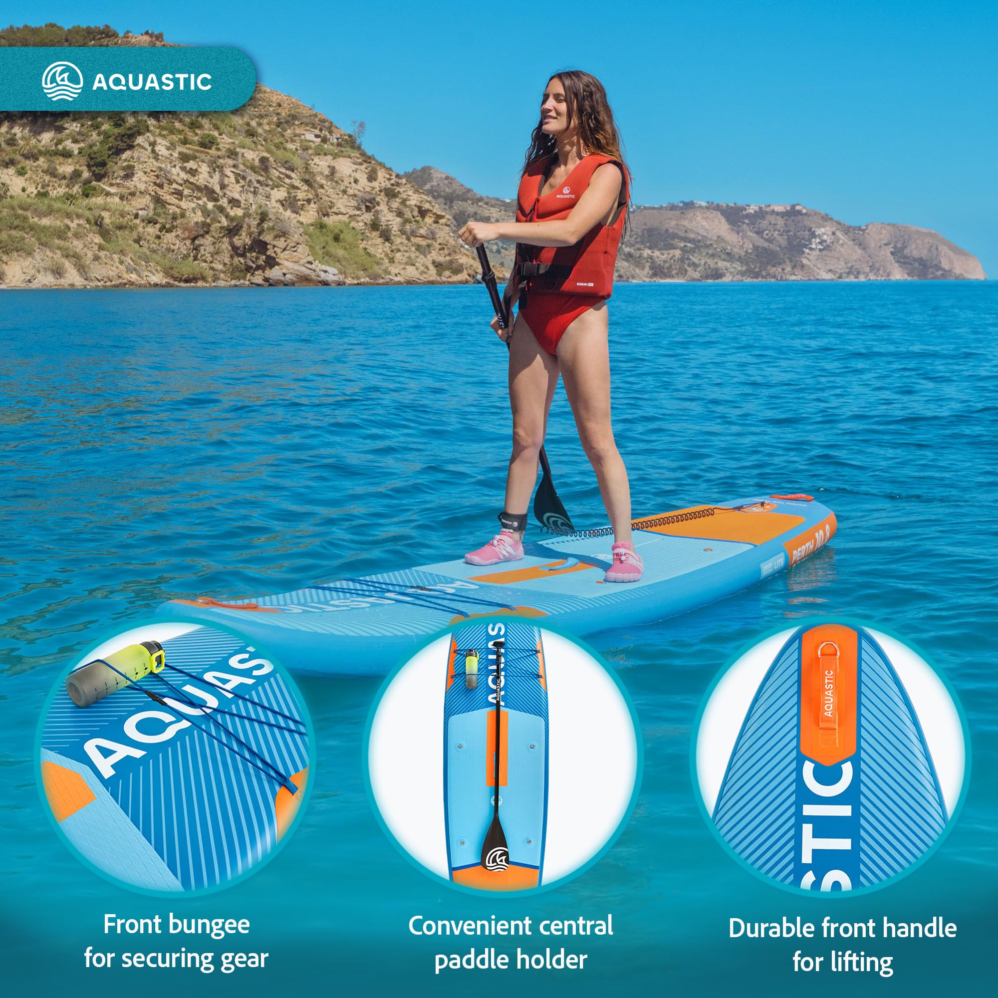 AQUASTIC Perth aufblasbares SUP-Board 10'8" bis 150 kg | 325 × 78 × 15 cm, 320 l, mit EVA-Deck, Drop-Stitch-Lite, Sitz-D-Ringen und Zubehörset für ruhige Gewässer