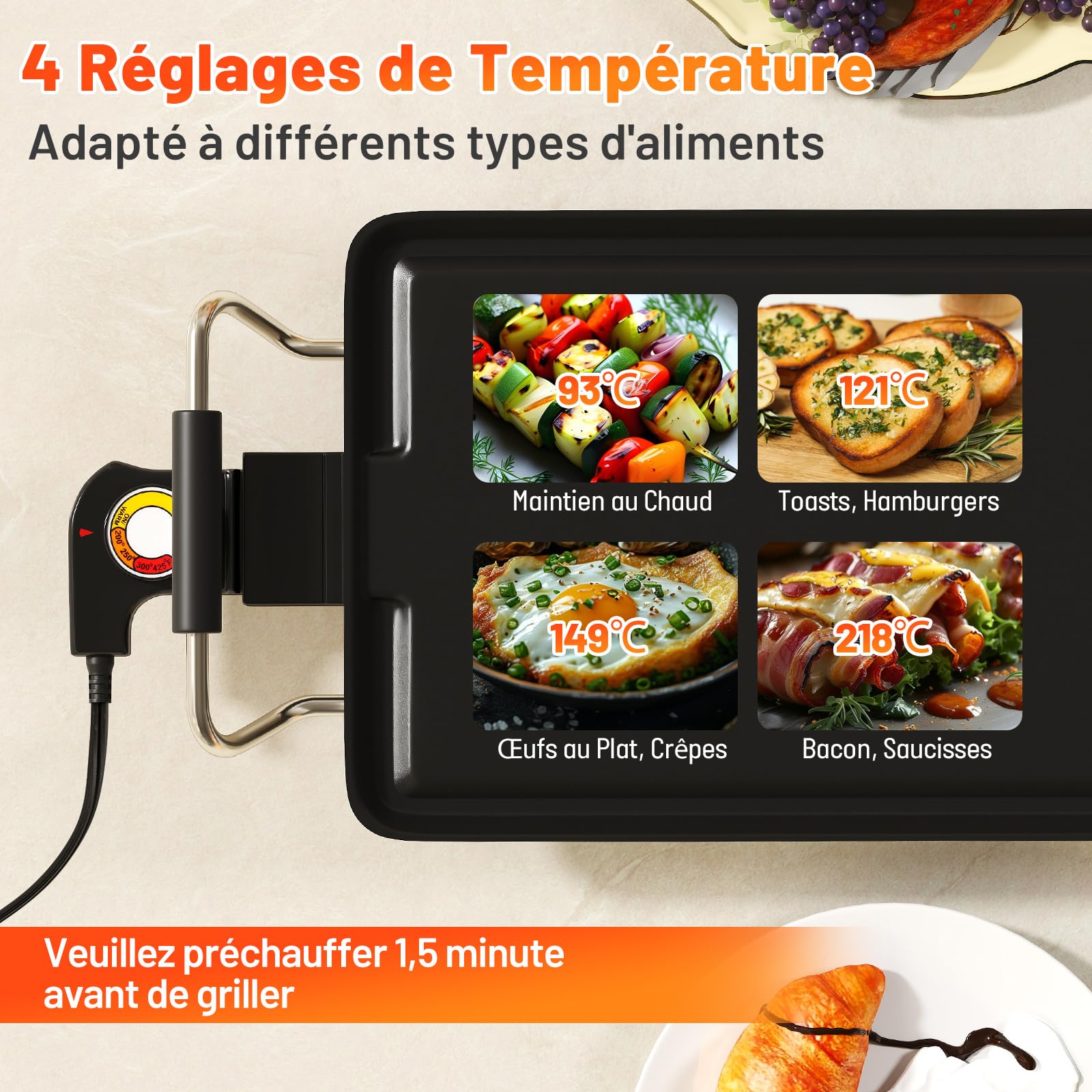 RELAX4LIFE 1800W Gril Électrique Extra Large avec Contrôle de Thermostat à 4 Niveaux & Bac de Récupération Amovible, Barbecue Plancha Antiadhésive Teppanyaki Portable (117x24cm)