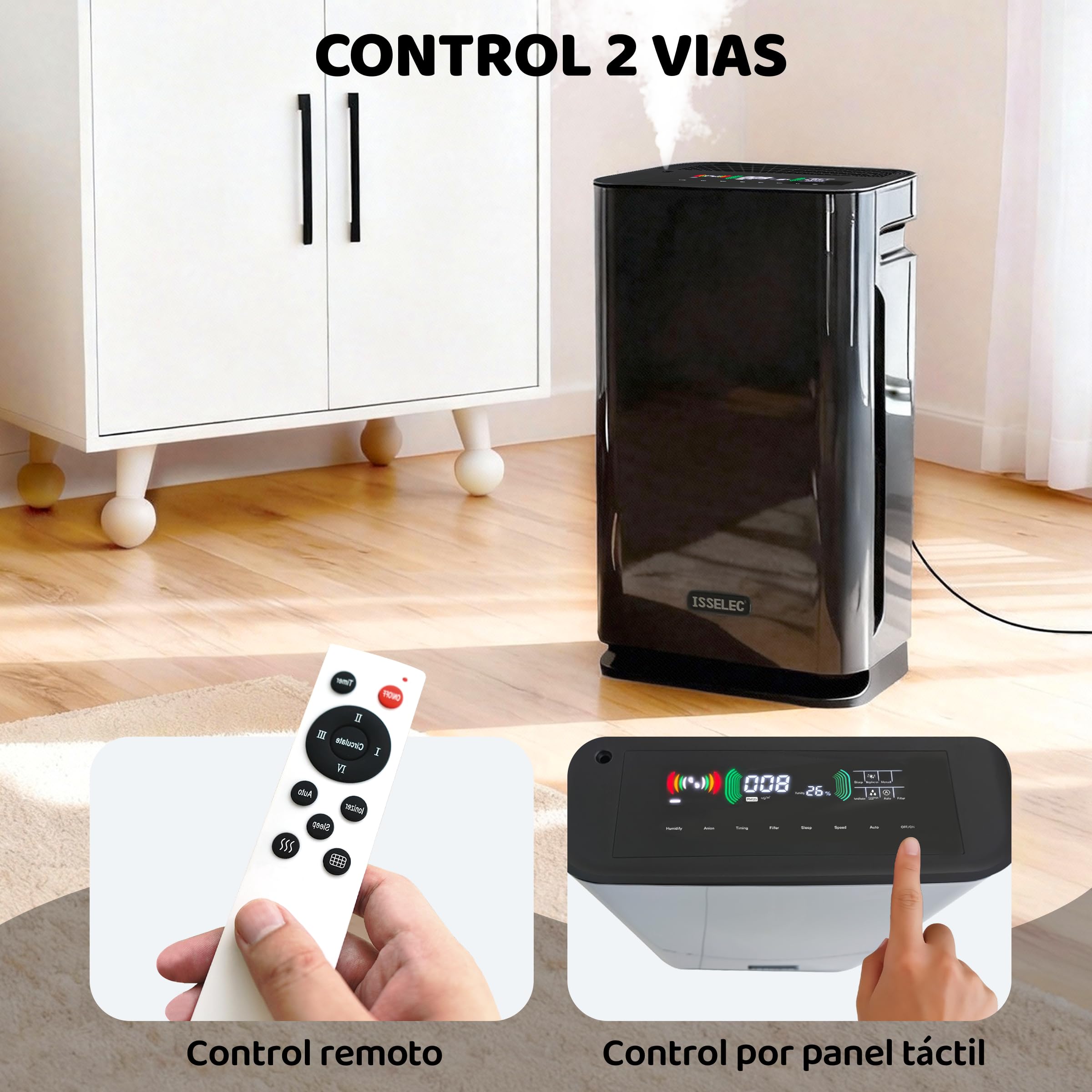 2 en 1 Purificador de Aire, con Función de Humidificación, Purificador de Aire con Filtro HEPA H13, CADR 330m³/h a 80㎡, Elimina 99.97% de Alergias Polen Ácaros Humo Pelo de Mascota, 22dB Modo de Sueño