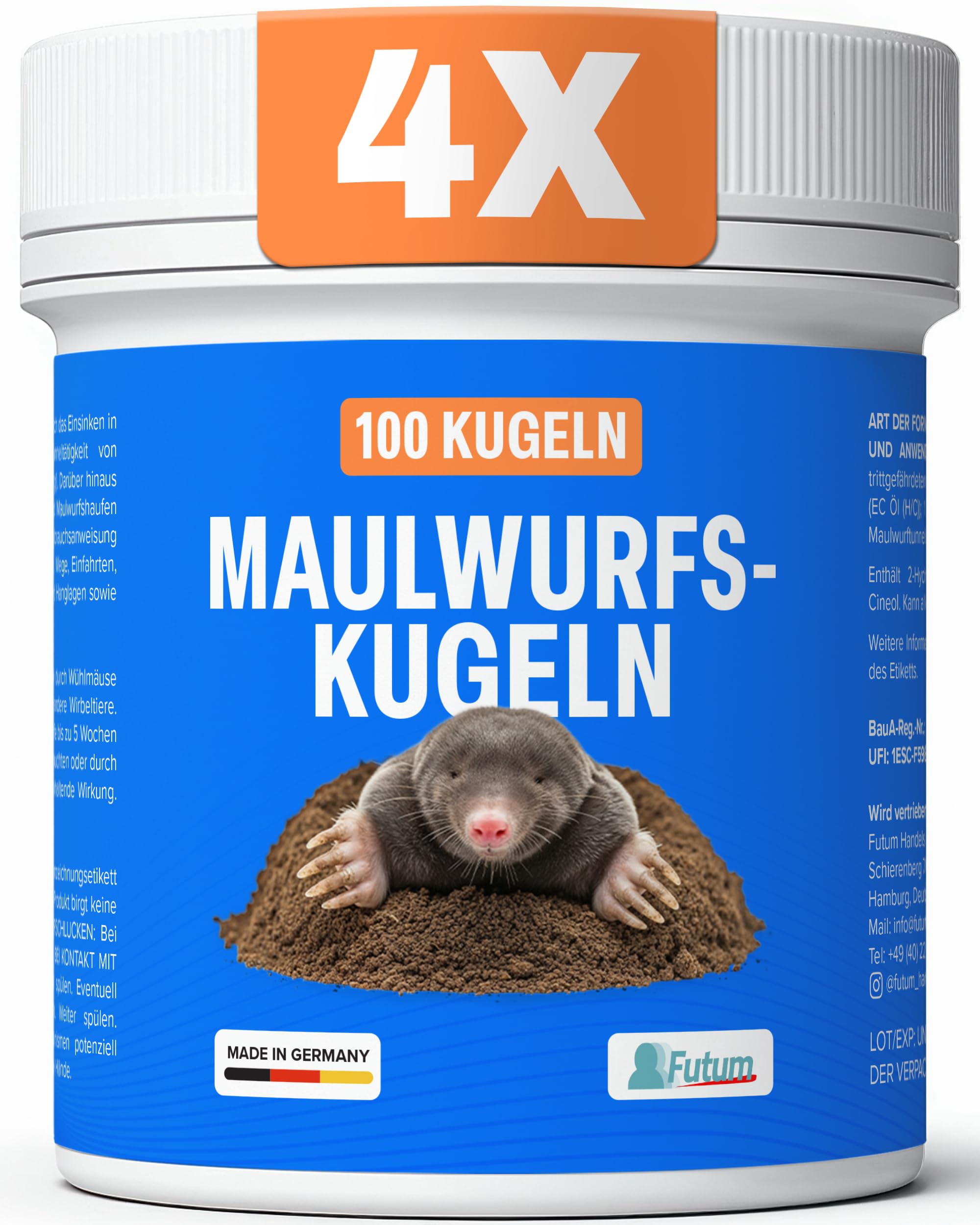 FUTUM Maulwurfskugeln – 4x100 Maulwurf Kugeln – Effektiver Maulwurf Vertreiber – Wirksames Mittel gegen Maulwürfe im Garten – Maulwürfe endgültig vertreiben – Maulwurfskugeln mit Langzeitwirkung