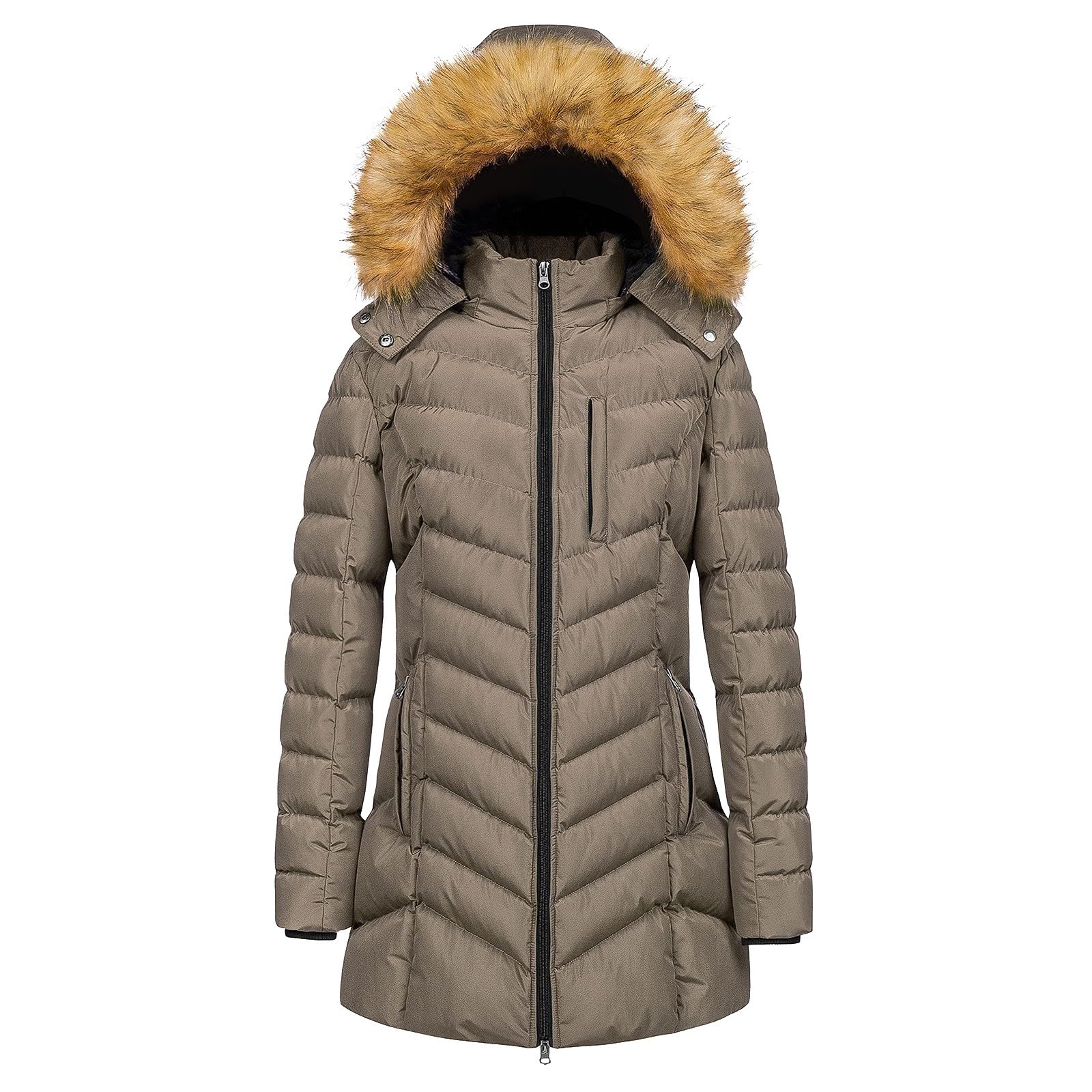 Bukknye Women's Khaki Winter Coats Parka Coat Winter Warm Jacket Fleece Lined Thick Coat With Removable Faux Fur Hood Windproof Outerwear