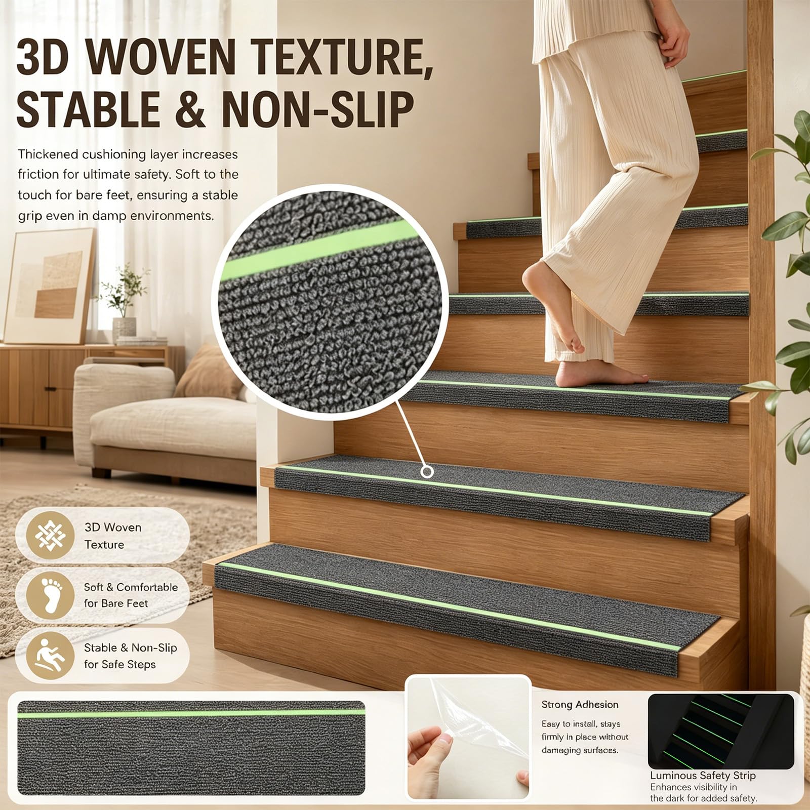 15 Stück Treppenmatten mit Glow in Dark Streifen, Selbstklebende Stufenmatten 76x20cm für Holztreppen, Antirutsch Treppenteppich mit TPE Rückseite, für Kinder, Senioren & Haustiere (Dunkelgrau)