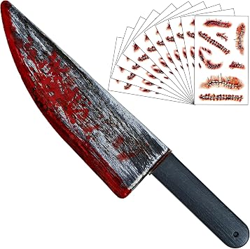 10 PCS Scar Tattoos 16 Inch Large Halloween Fake Knife Prop with Fake Blood for Chucky Costume Plastic Halloween Prop Knife for Costume Accessories Horror Cosplay