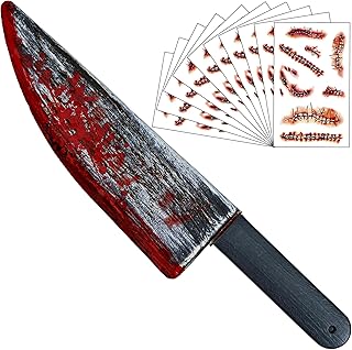 LENOAPHYS 10 PCS Scar Tattoos 16 Inch Large Halloween Fake Knife Prop with Fake Blood for Chucky Costume Plastic Halloween Prop Knife for Costume Accessories Horror Cosplay