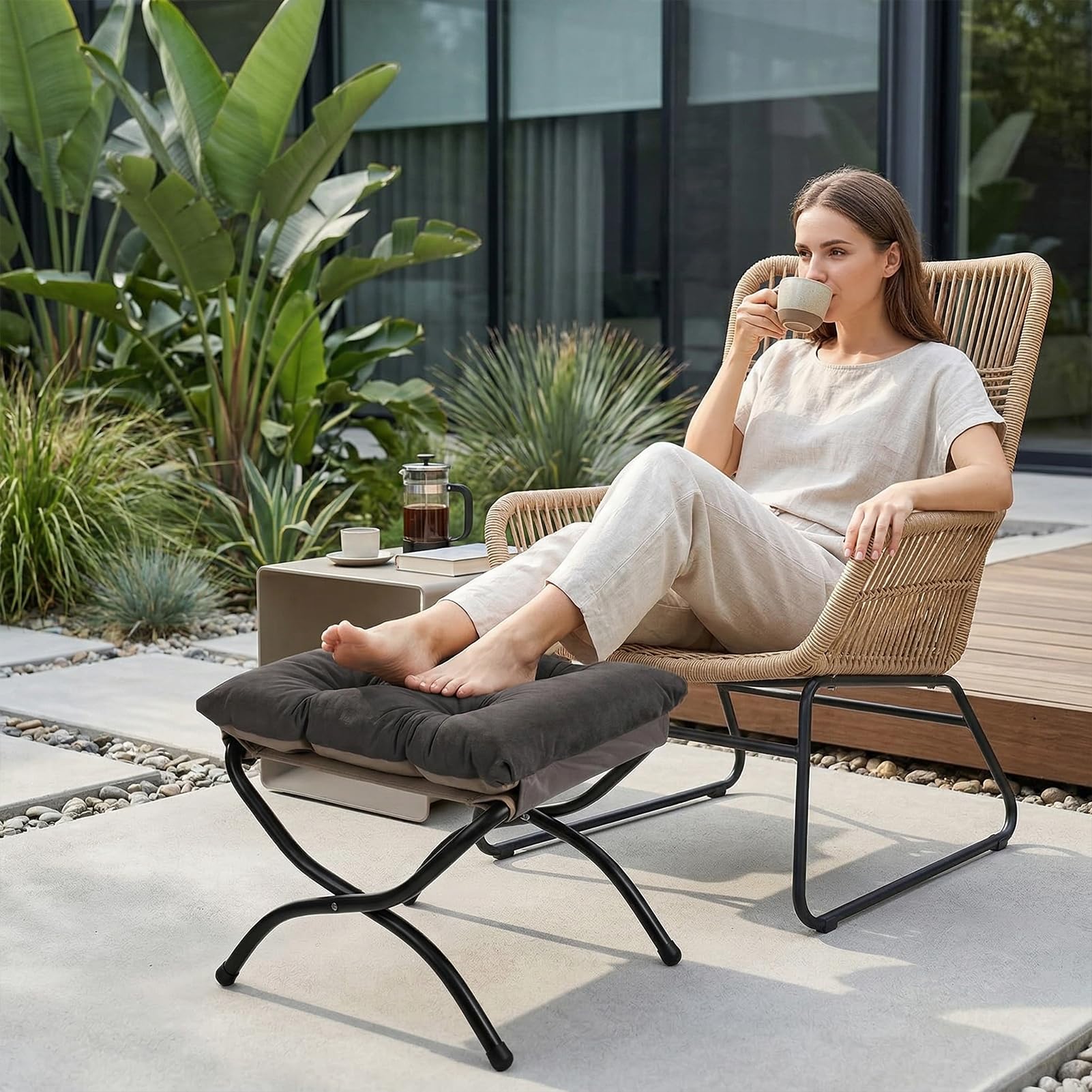 HollyHOME Reposapies Plegable Salon Taburete de Terciopelo con Patas Metal Pequeño Reposapies Sofa Otomano Plegable Jardin Balcon, Gris Oscuro