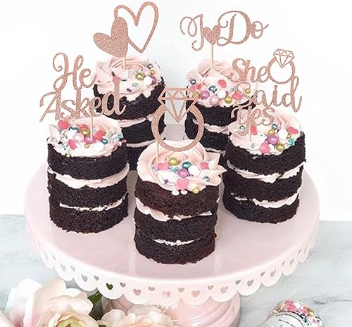 Miniatura 4 de Paquete de 30 adornos para cupcakes con purpurina en forma de corazón con texto en inglés "He Asked She Said Yes" para decoración de tartas de