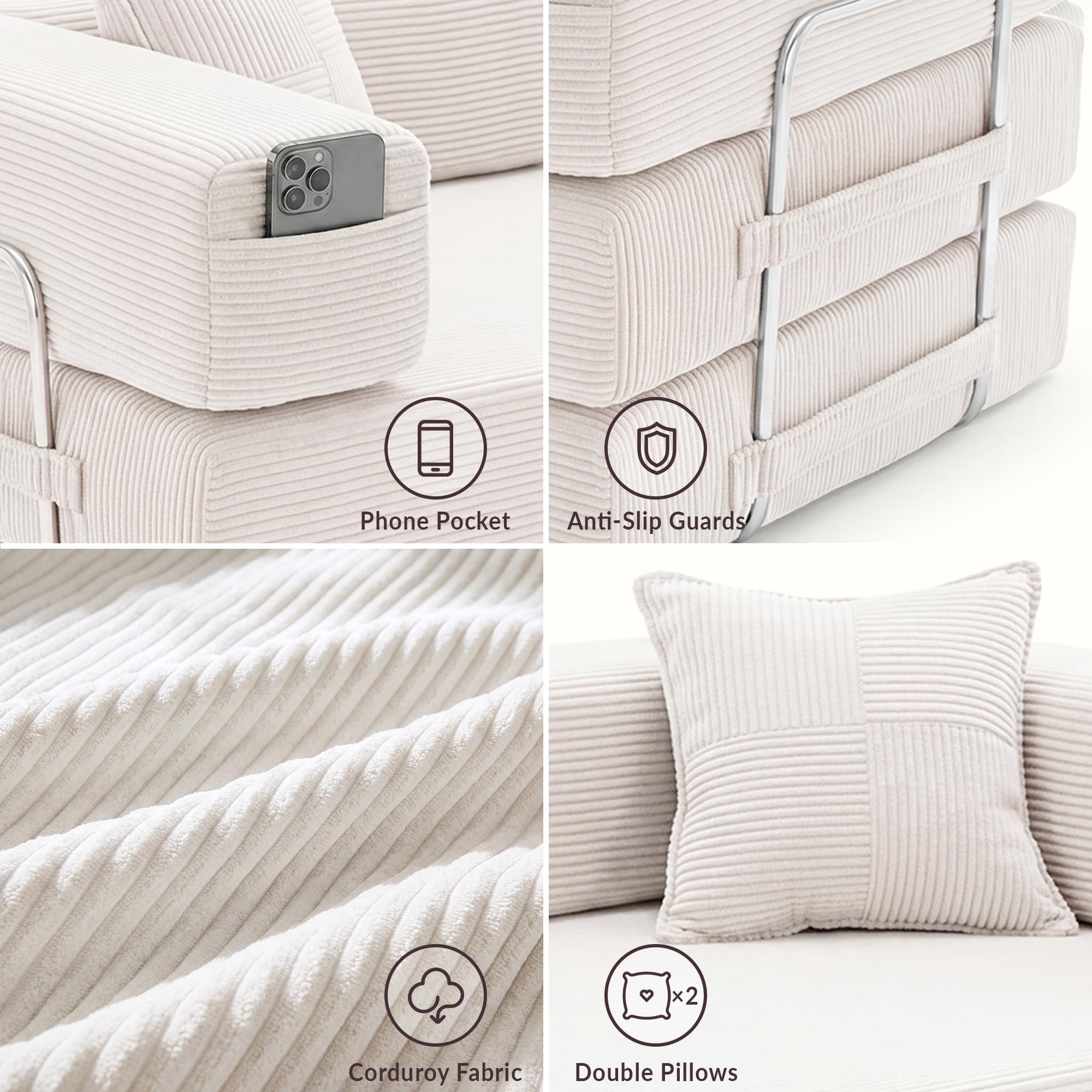 YINIX Składana Sofa 3-osobowa Łóżko Gościnne 200cm XXL, Modułowa Sofa Podłogowa ze Sztruksu z Metalową Ramą, Antypoślizgowa, Zmywalna (Biały, 200cm (3-osobowa))