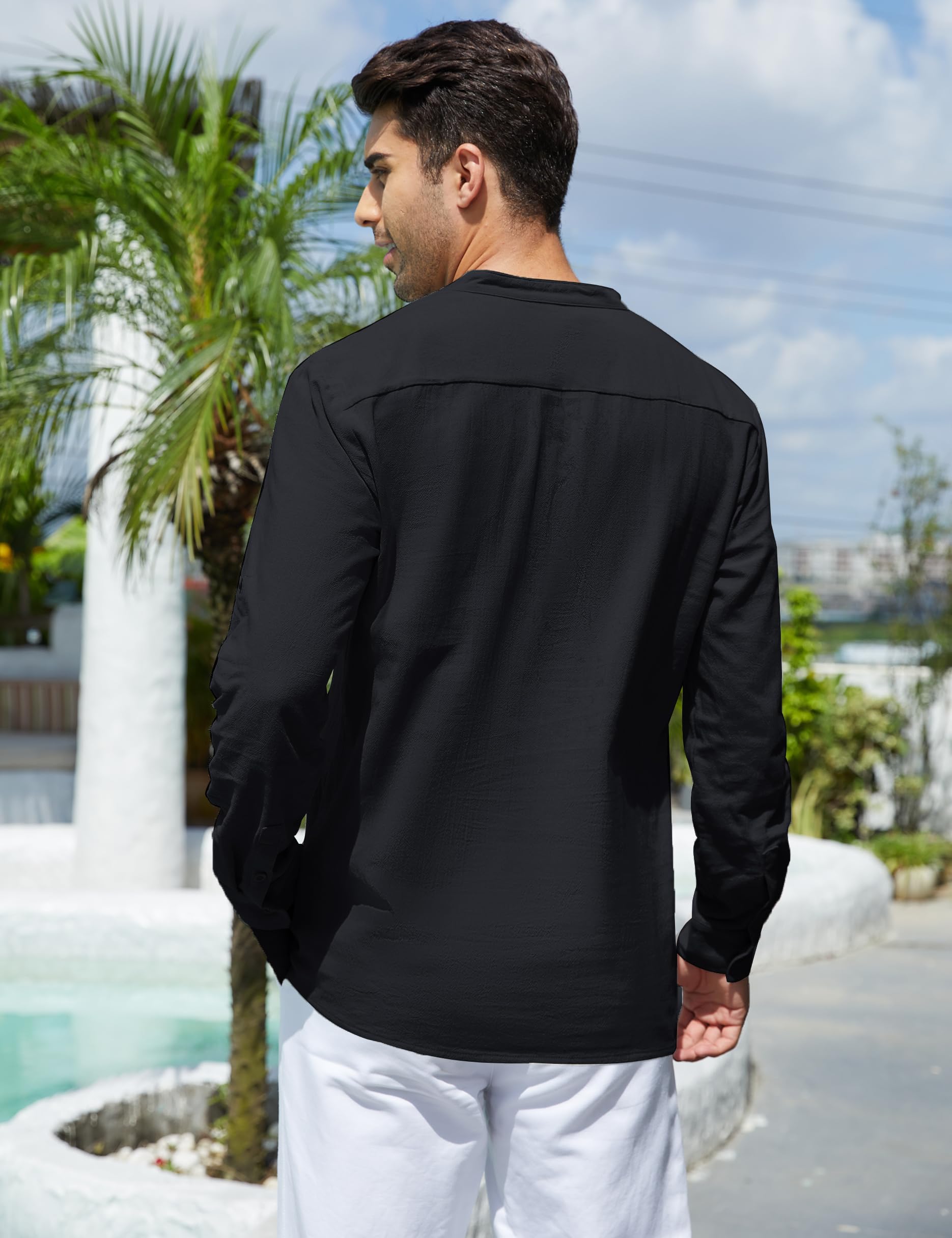 Migcaput Camicia da Uomo in Lino Camicia Casual a Maniche Lunghe Henley Camicia Estiva Casual in Misto Cotone Tinta Unita per Uomo