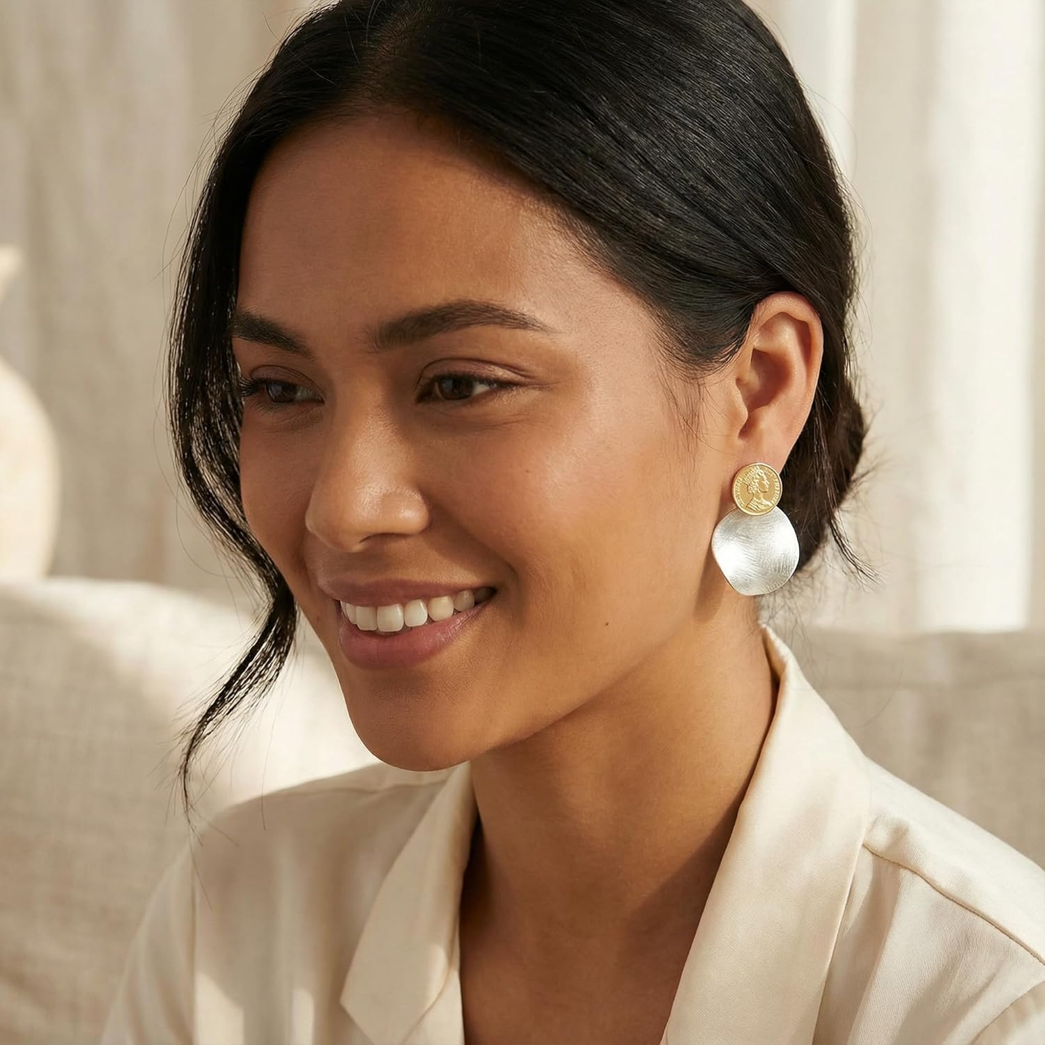 FAMARINE Big Disc Drop Earrings Gold Dangle Earrings Round Hammered Earrings Women - Image 3