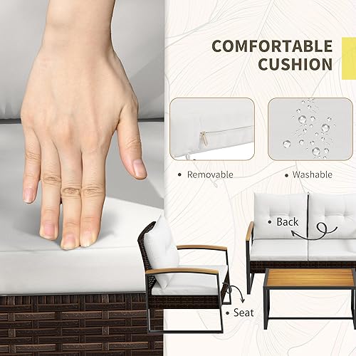 Miniatura 4 de Outsunny Juego de muebles de patio de 4 piezas con 2 sillas, sofá biplaza, mesa superior de madera de acacia y reposabrazos, motivos de ratán,