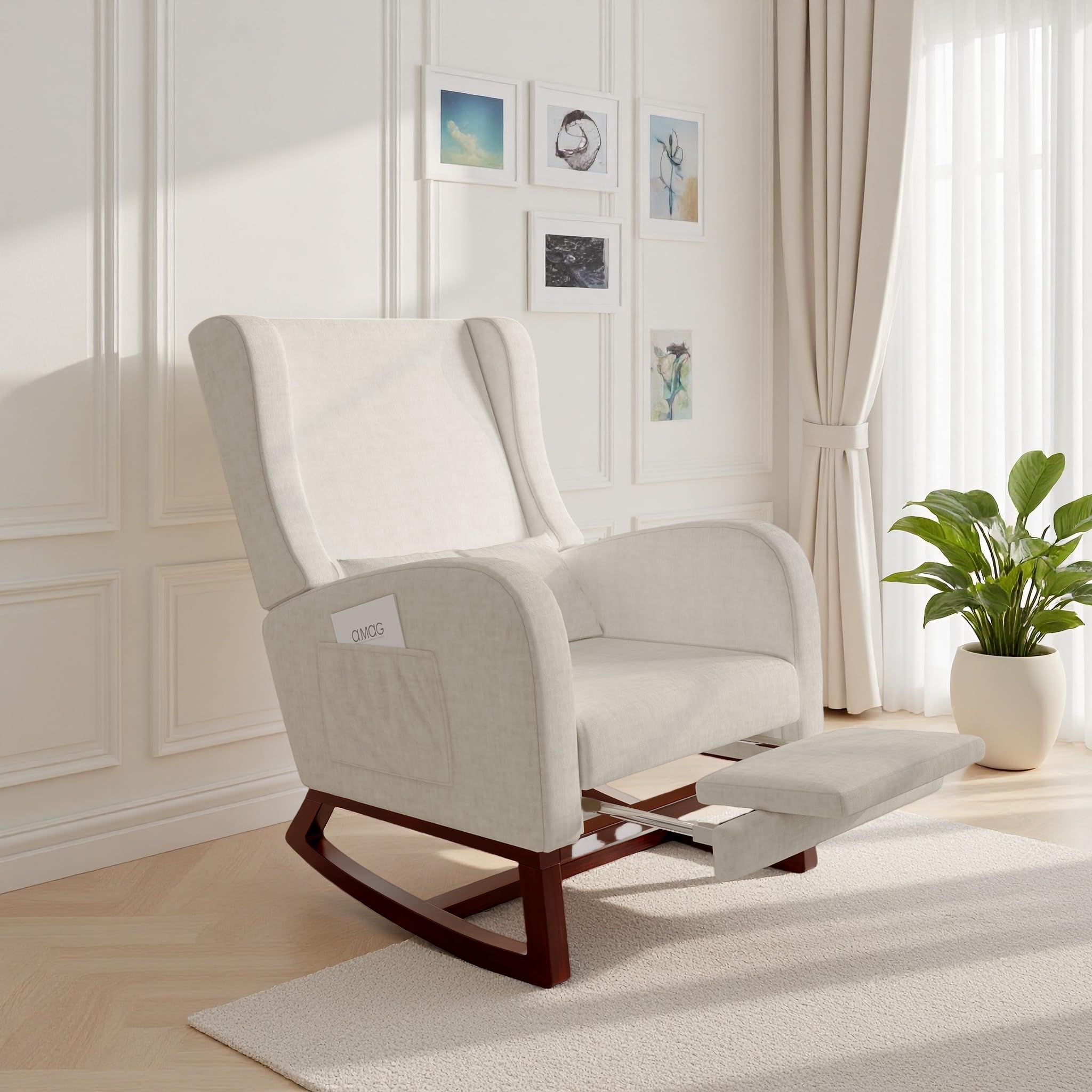 Mecedora de relax con reposapiés, sillón de lactancia, silla mecedora con respaldo alto, para salón, dormitorio, habitación de bebé, algodón y lino, beige