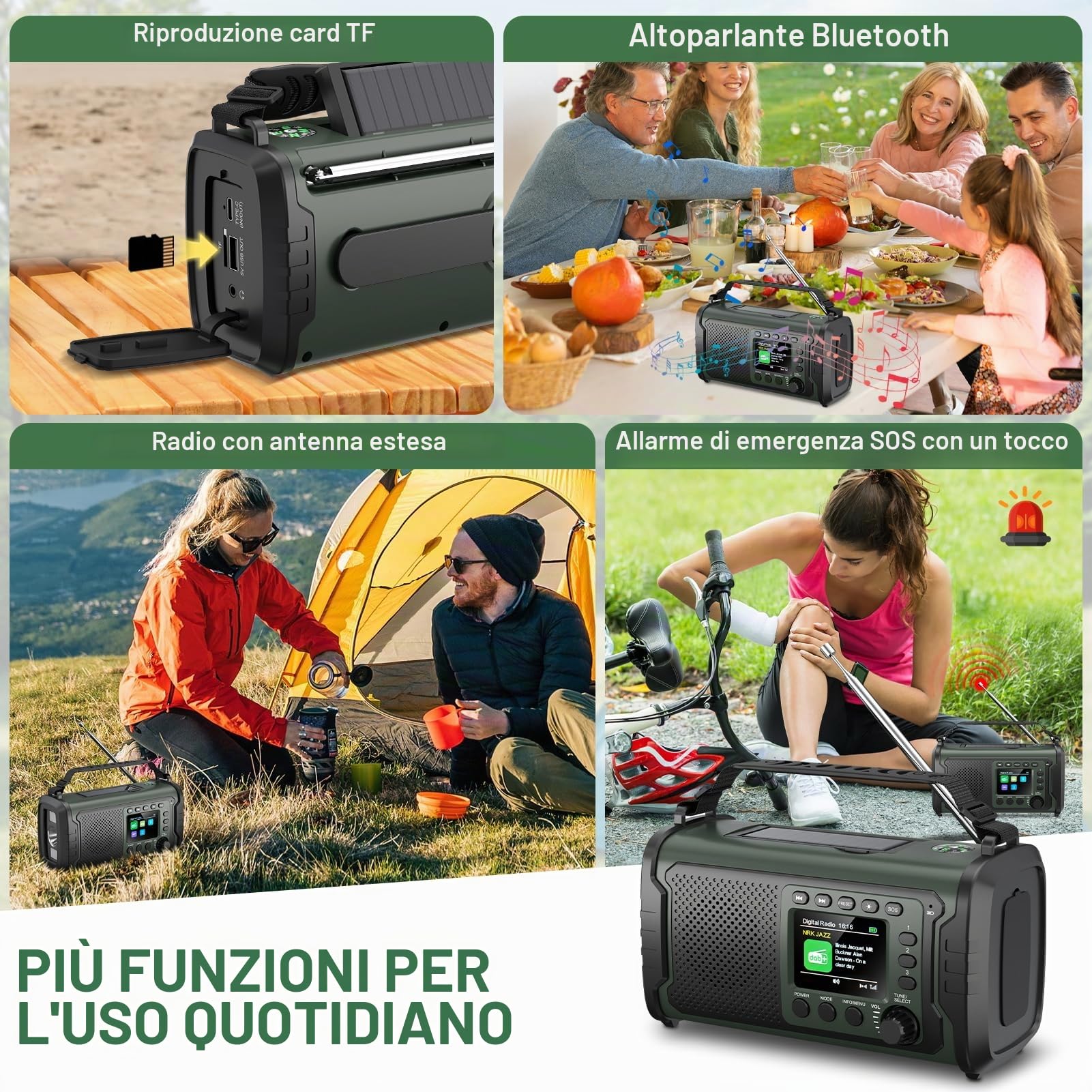 Radio di Emergenza DAB+/FM 20000mAh con Powerbank, Solare e Manovella | Bluetooth 5.3, SOS, Torcia e Luce da Lettura per Casa, Campeggio, Camper e Blackout, Verde Militare