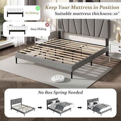 Miniatura 21 de Base de cama tamaño King con cabecera tapizada de tela, cama plataforma con soporte de listones de madera, base de colchón completa, somier