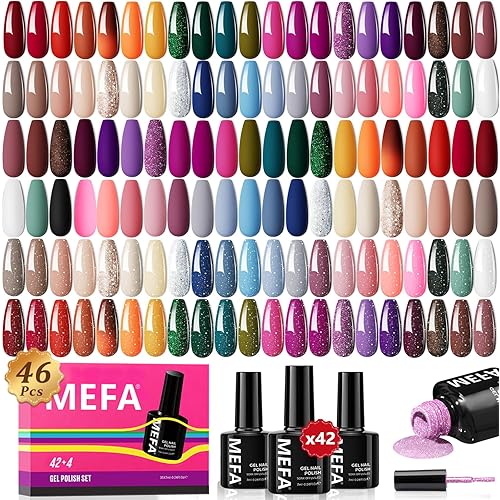 MEFA 46 Pcs Gel Nail Polish Kit, 42 Colors All Seasons Gel Polish Set Colorful Begginer Kit with Base Coat & Glitter/Glossy/Matte Top Coat Gel Nail Art Manicure DIY Salon Gifts for Girls