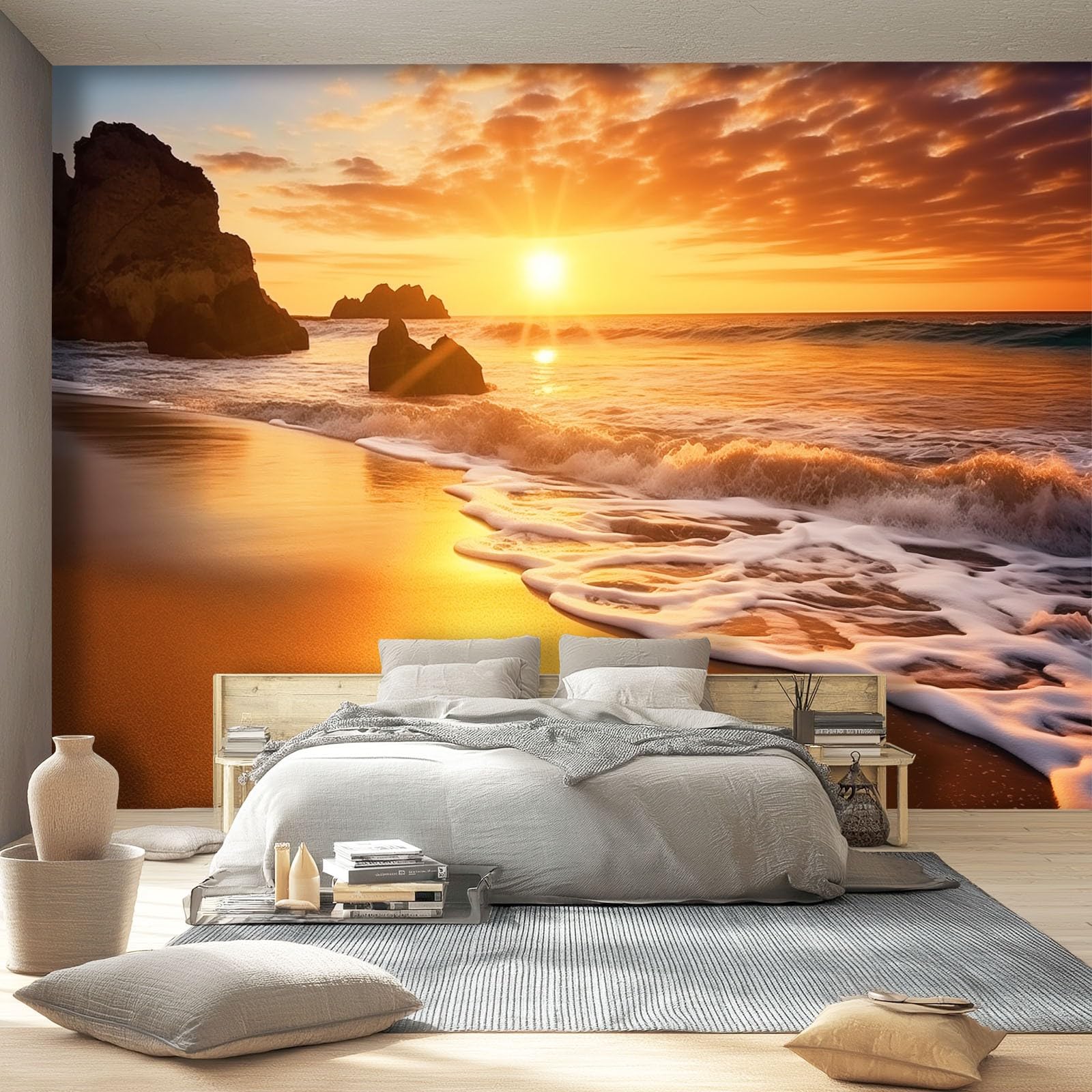 Fototapete Orange Farbe 3D EFFEKT Wandbild UV-Beständig, Natur Sonnenuntergang Strand Meer Wand Dekoration Wandtapete für Wohnzimmer Schlafzimmer Kinderzimmer, 300 x 210 cm