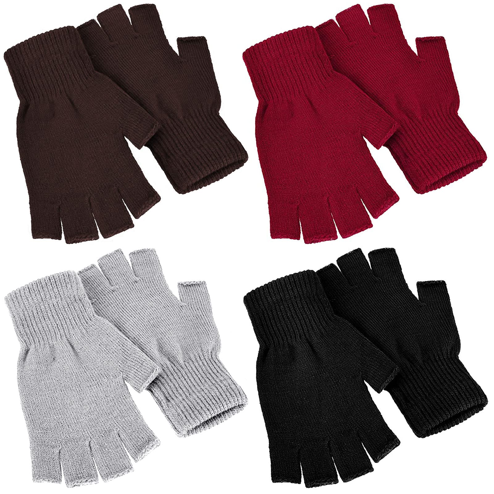 SATINIOR 4 Pairs Winter Half Finger Gloves Knitted Fingerless Mittens Warm Stretchy Gloves for Men and Women